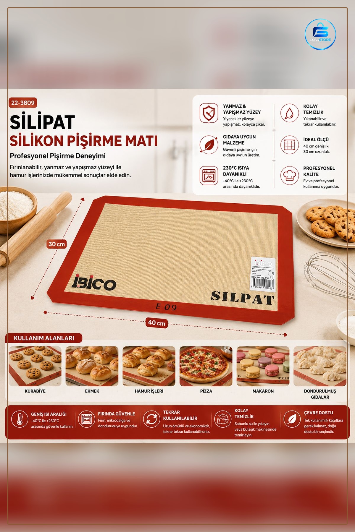 Silikon Fırın Pişirme Matı 30x40 cm Gıda Sınıfı Yapışmaz Kurabiye Kek Hamur Altlığı Mutfak