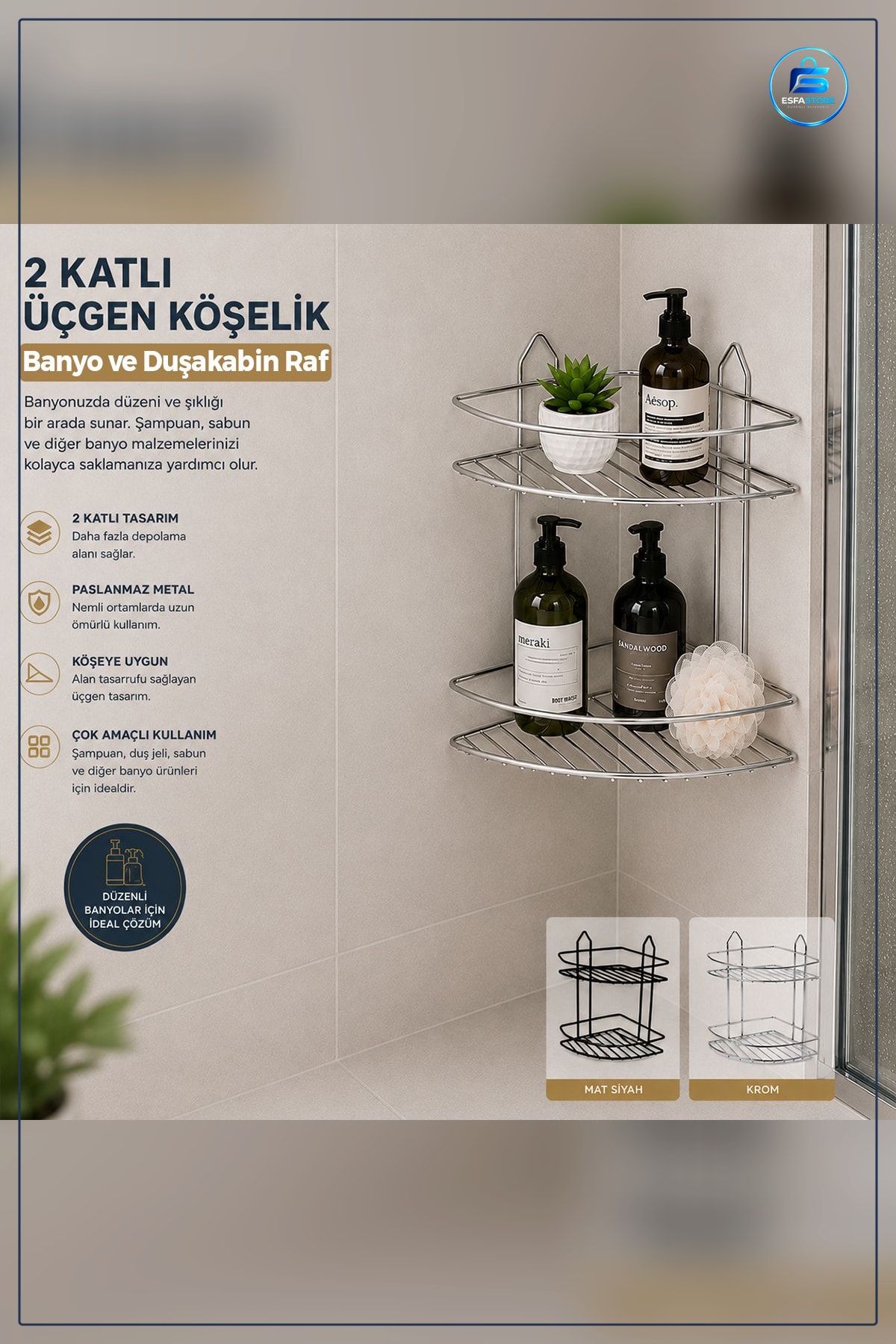 Çift Katlı Krom Metal Banyo Köşeliği Üçgen Duş Rafı Paslanmaz Kaplama Düzenleyici Köşe