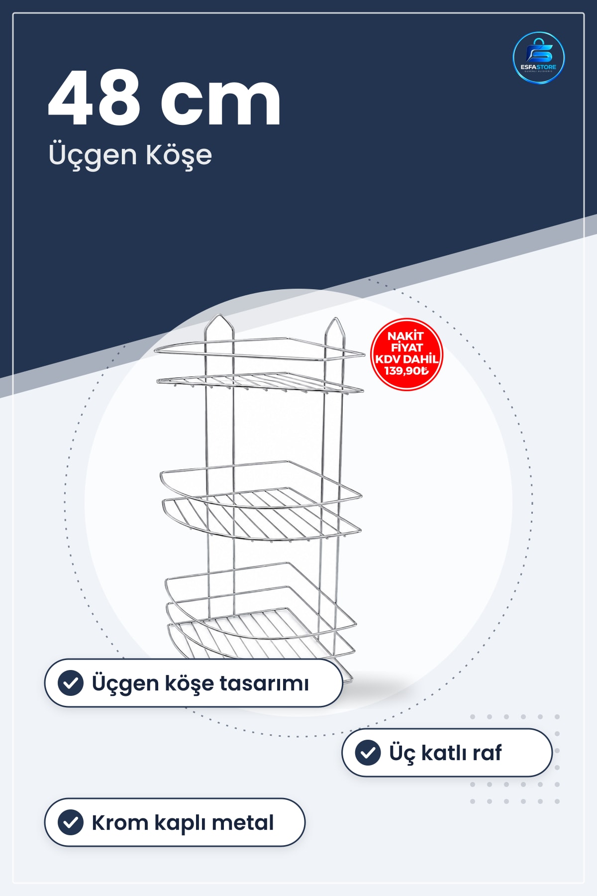 Üç Katlı Üçgen Metal Banyo Köşeliği Krom Düzenleyici Boy 48cm En 20cm Raf Arası 17cm