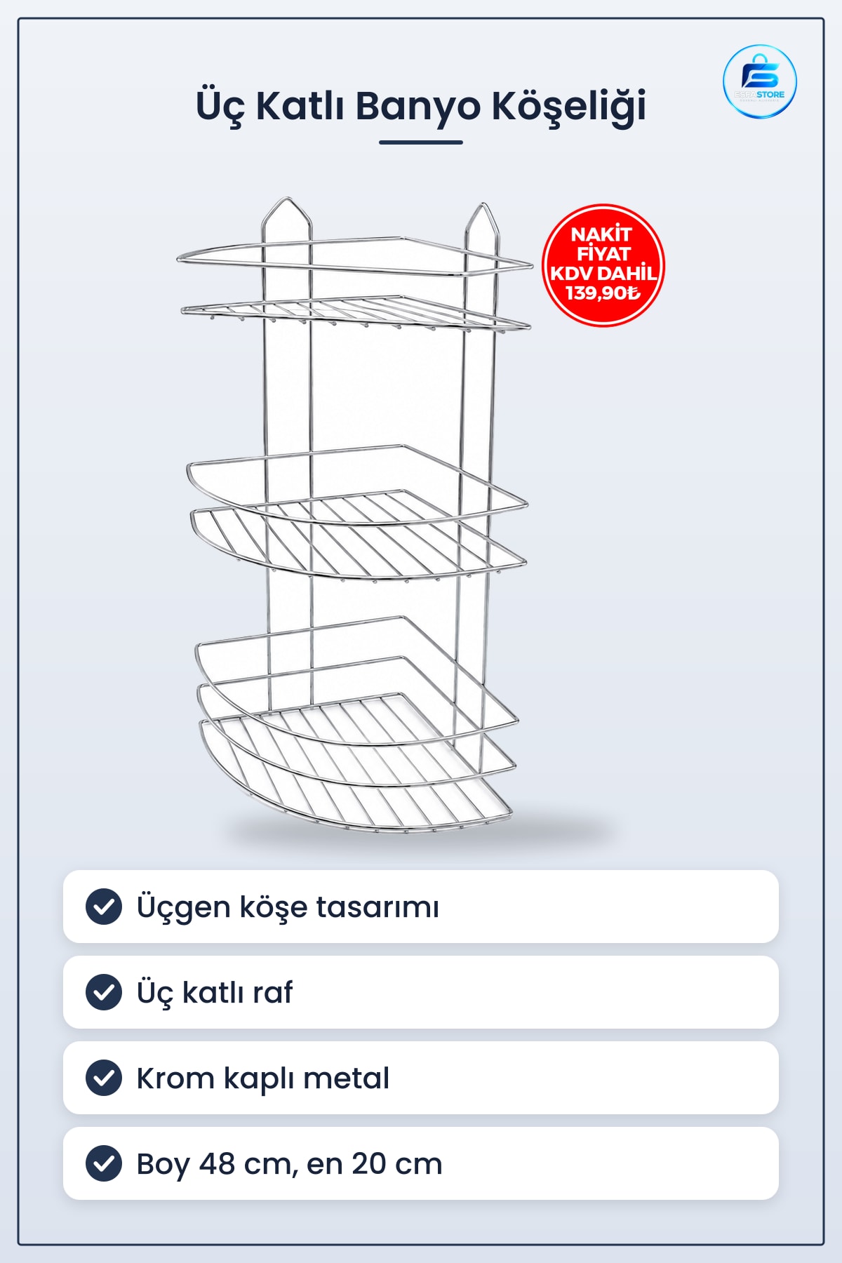 Üç Katlı Üçgen Metal Banyo Köşeliği Krom Düzenleyici Boy 48cm En 20cm Raf Arası 17cm