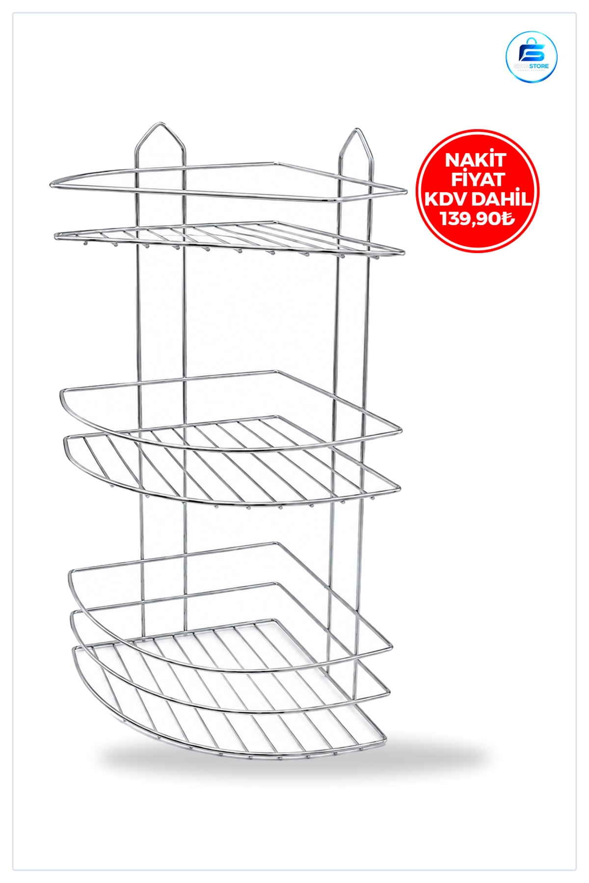 Üç Katlı Üçgen Metal Banyo Köşeliği Krom Düzenleyici Boy 48cm En 20cm Raf Arası 17cm