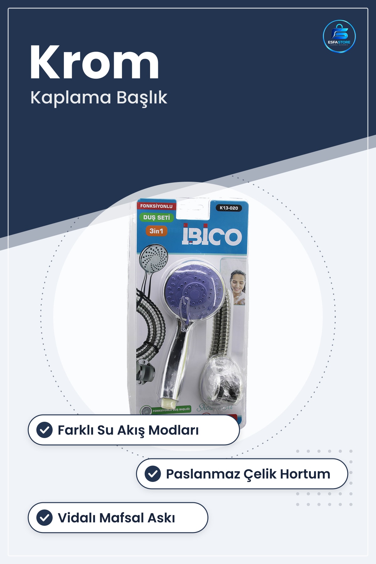 Duş Sistemi Fonksiyonlu Başlık Metal Hortum Vidalı Mafsal Krom Paslanmaz Çelik Banyo Seti
