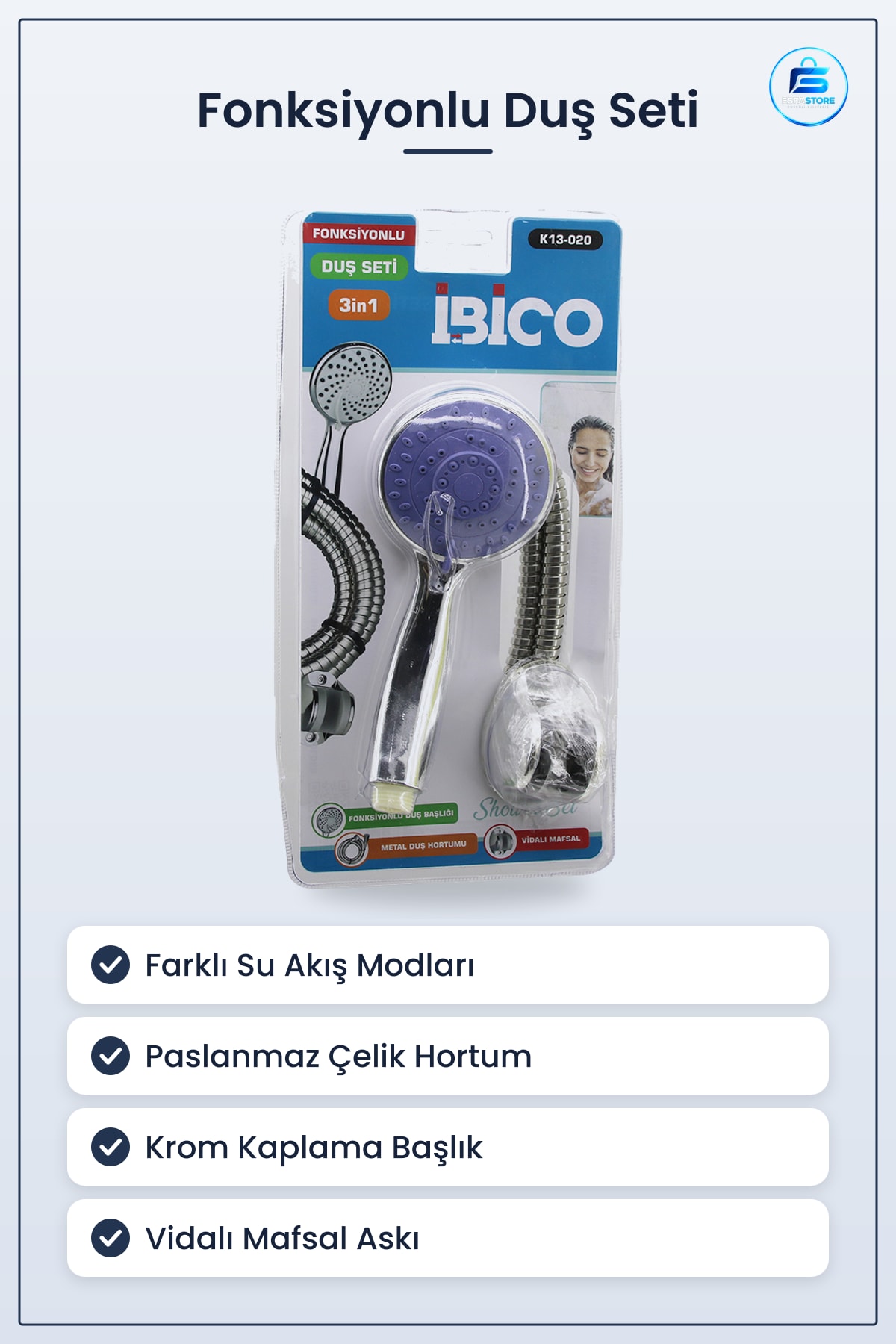 Duş Sistemi Fonksiyonlu Başlık Metal Hortum Vidalı Mafsal Krom Paslanmaz Çelik Banyo Seti