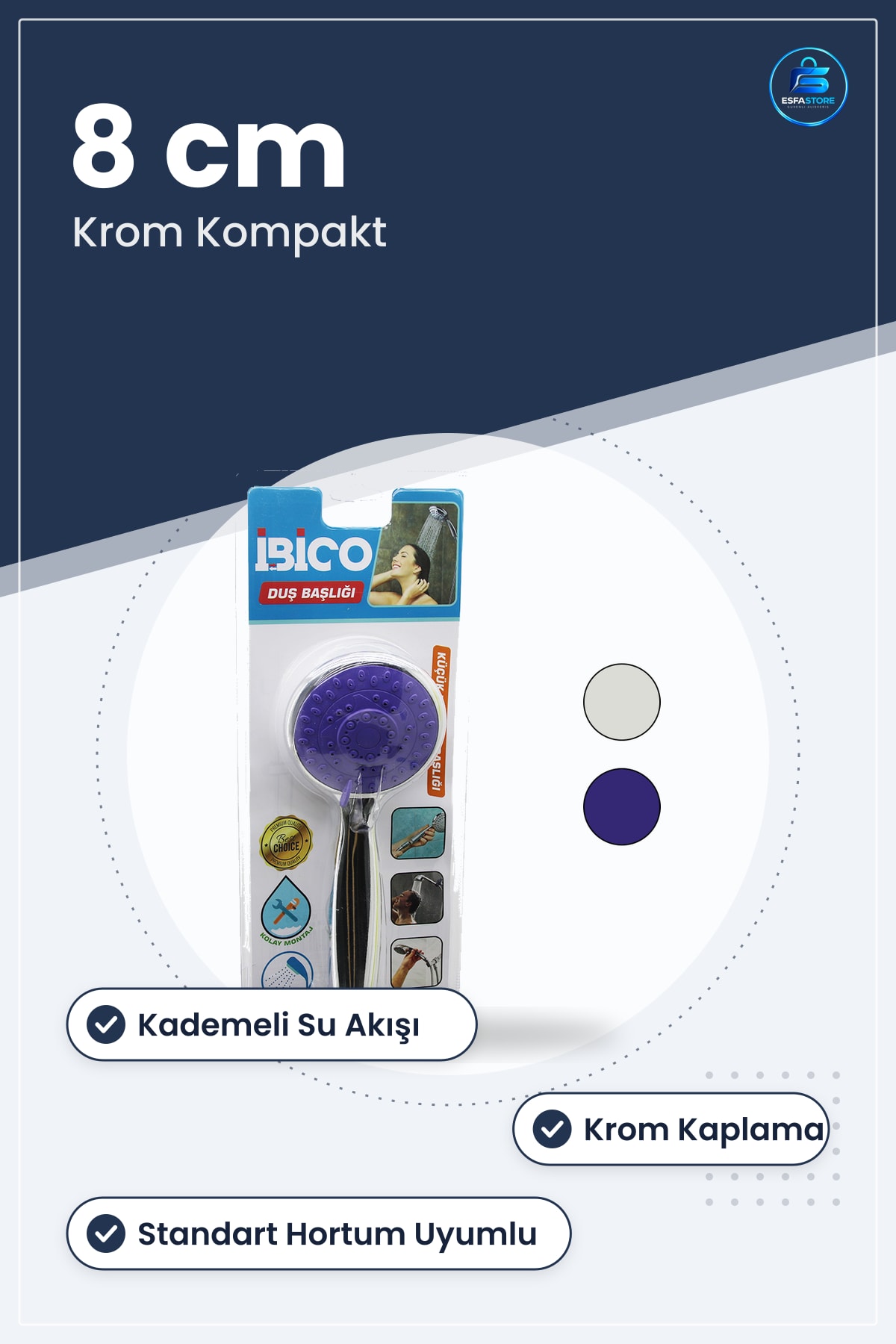 Duş Başlığı 8 cm Kademeli Krom Küçük Boy Banyo Kompakt Standart Hortum Uyumlu Kolay Montaj