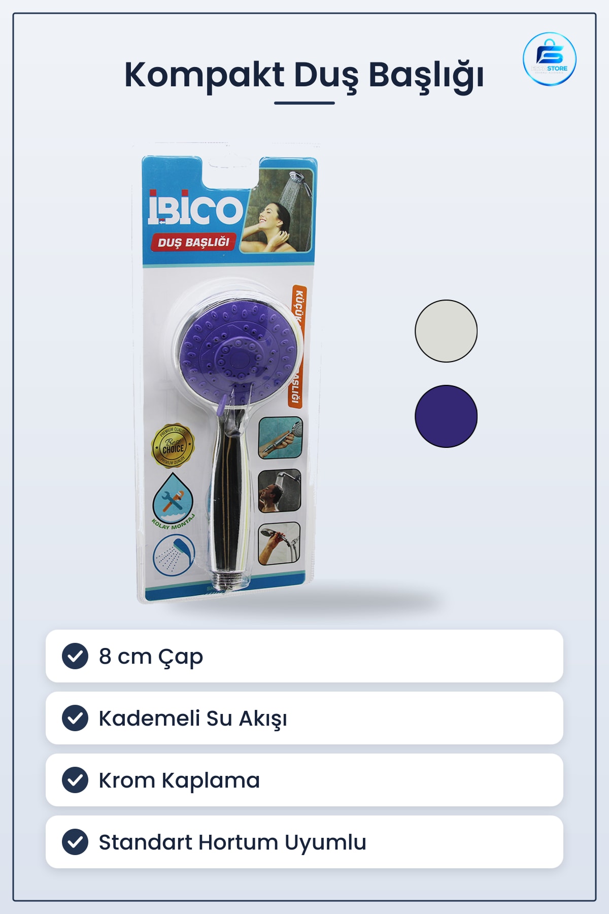 Duş Başlığı 8 cm Kademeli Krom Küçük Boy Banyo Kompakt Standart Hortum Uyumlu Kolay Montaj