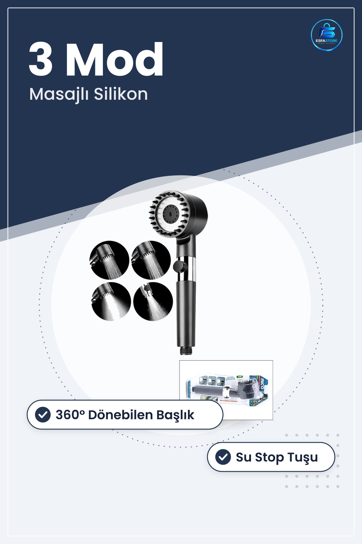 Duş Başlığı ° Masajlı Silikon 3 Modlu Su Stoplu Yağmur Jet Masaj Banyo Sistemi Kullanışlı