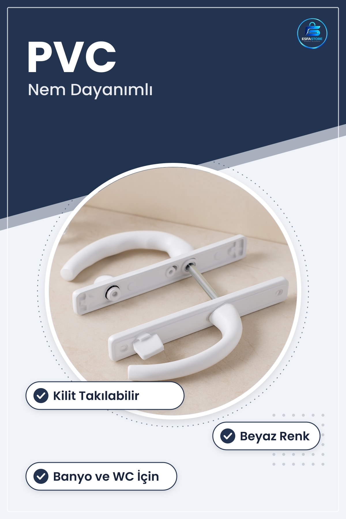 Kapı Kolu PVC Banyo WC Kilitli Beyaz Hijyenik Nem Dayanımlı İç Mekan Ergonomik Standart Montaj