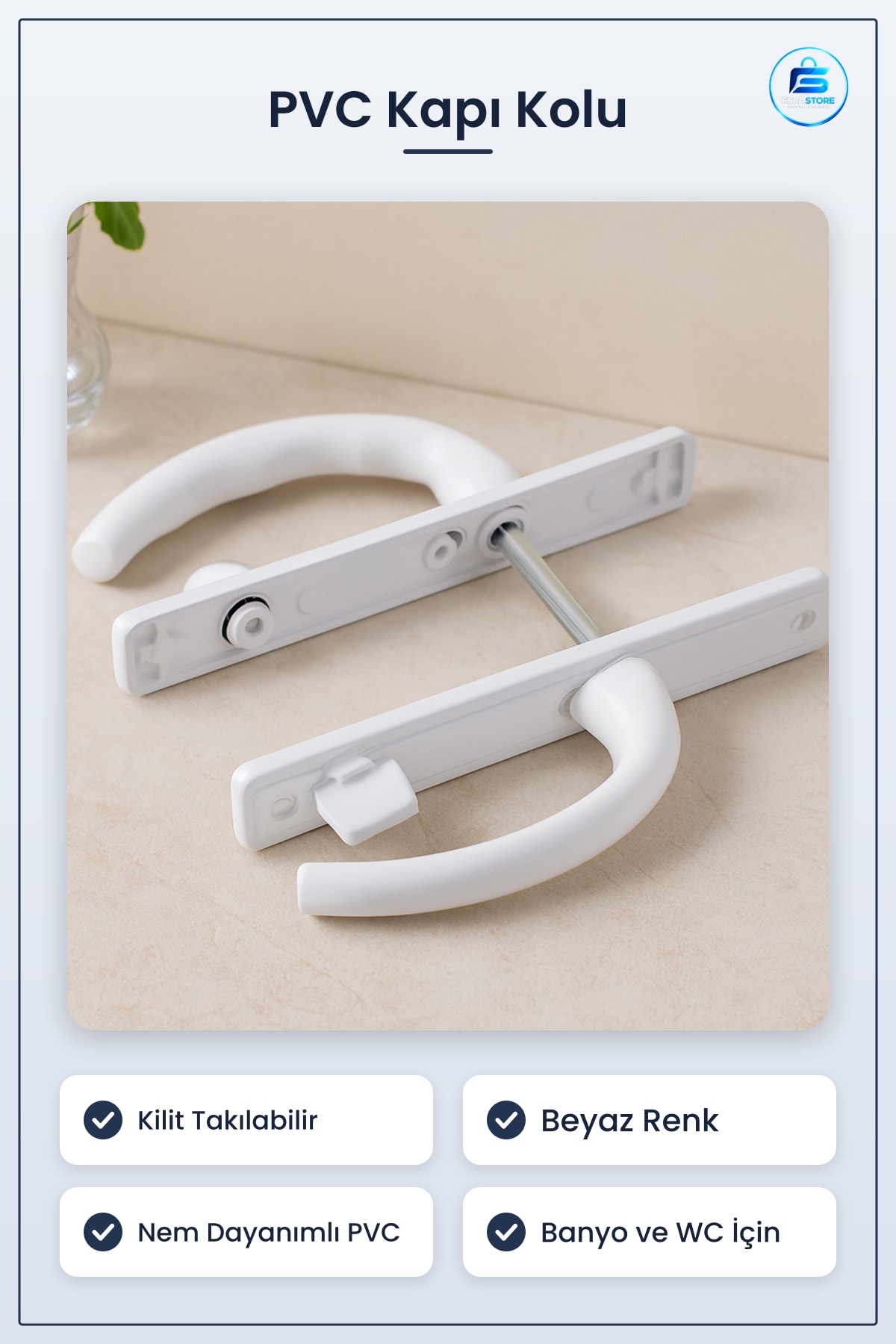 Kapı Kolu PVC Banyo WC Kilitli Beyaz Hijyenik Nem Dayanımlı İç Mekan Ergonomik Standart Montaj