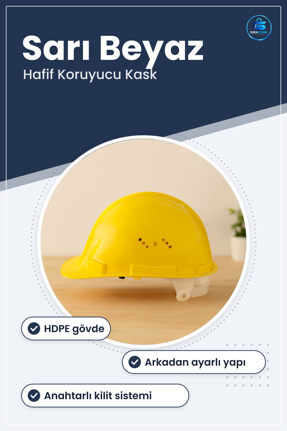 Baret İş Güvenlik Anahtarlı Arkadan Ayarlı Sarı Beyaz İnşaat Fabrika Koruyucu Hafif Kask