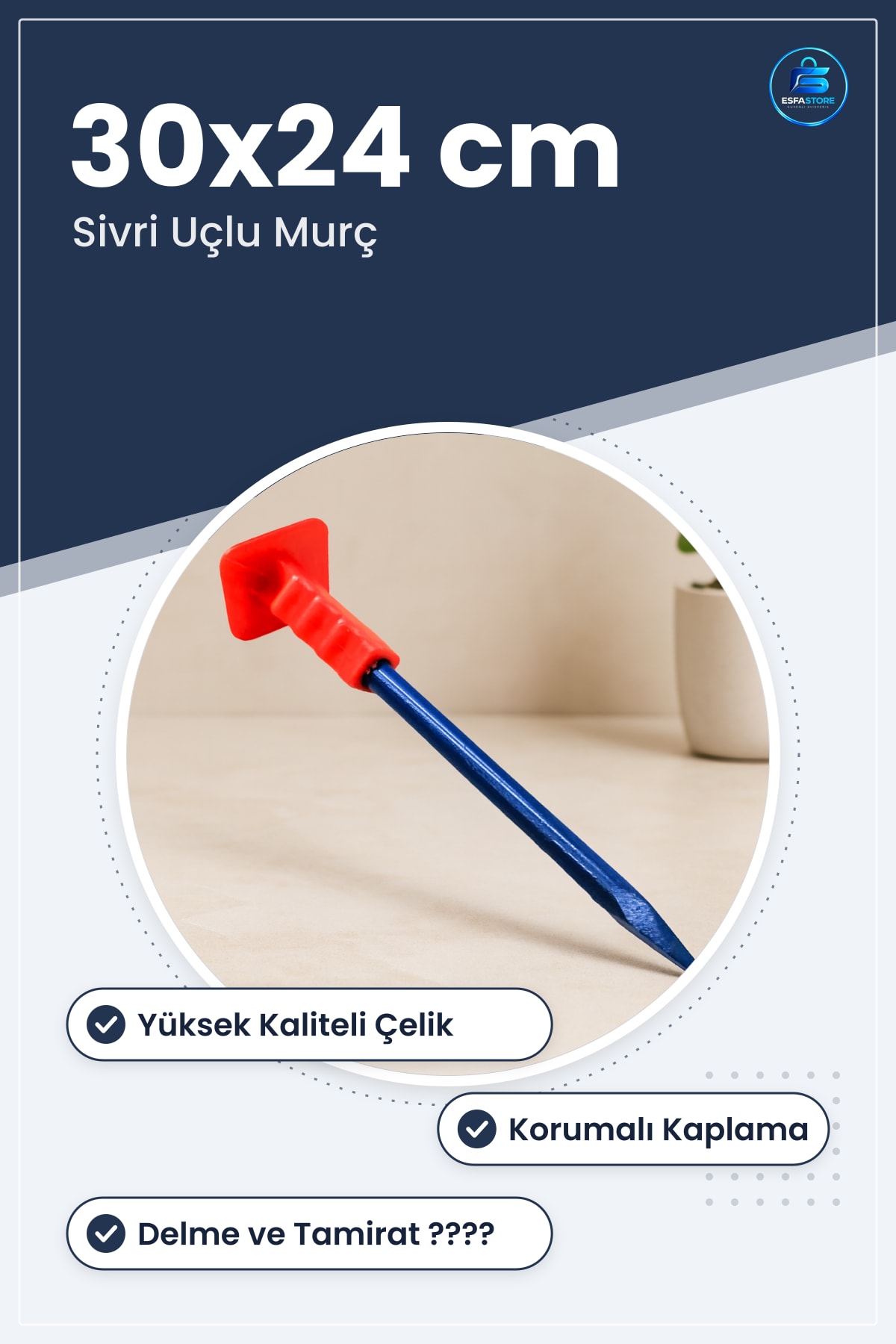 Çelik Sivri Murç 30x24 cm Korumalı Kaplı Metal İnşaat Tamirat Delme Hobi Aleti Kullanışlı