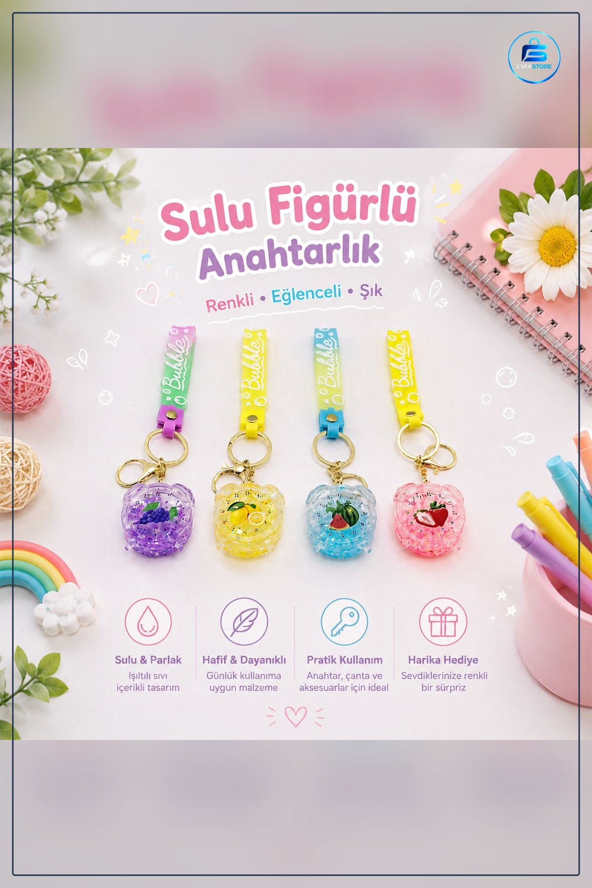 Mika Kristal Altın Kulplu Meyve Figürlü Sulu Anahtarlık Çanta Cüzdan Aksesuarı Hediye