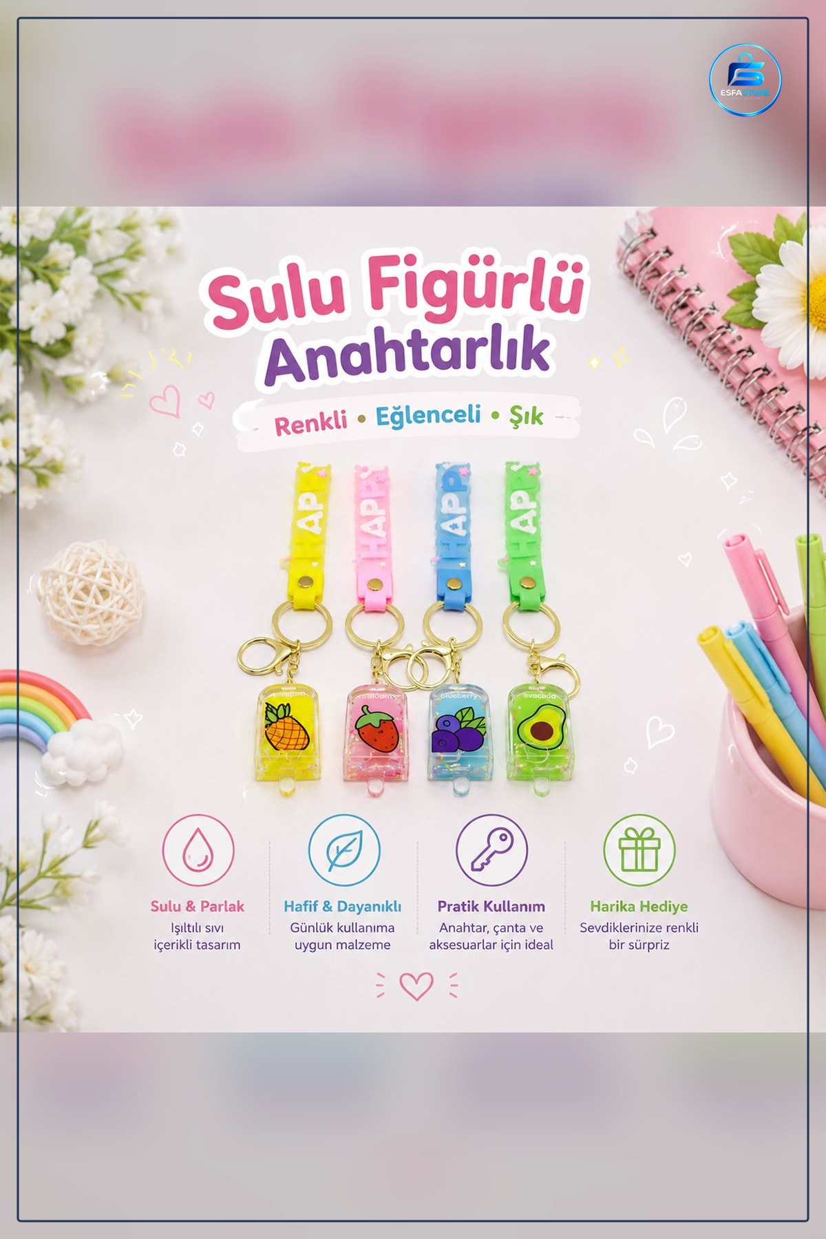 Mika Kristal Altın Kulplu Meyve Figürlü Sulu Anahtarlık Çanta Cüzdan Aksesuarı Hediye