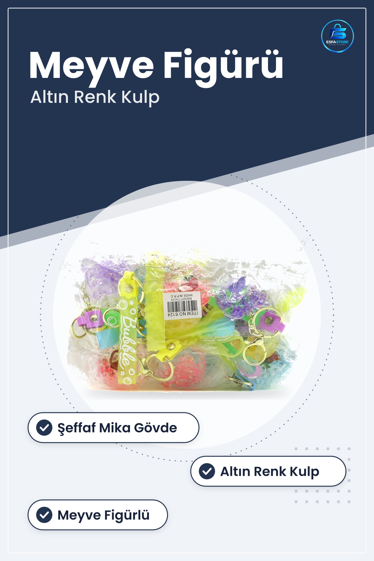 Mika Kristal Altın Kulplu Meyve Figürlü Sulu Anahtarlık Çanta Cüzdan Aksesuarı Hediye