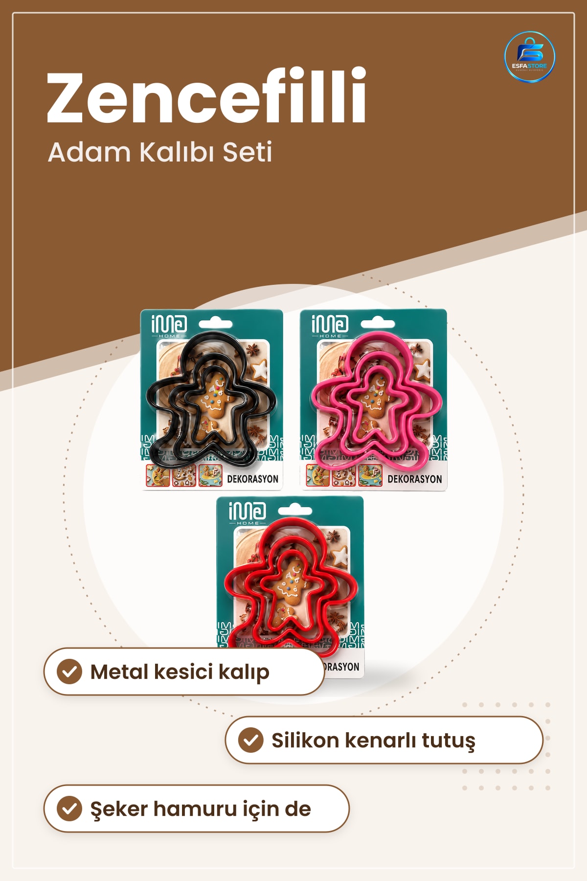 Kurabiye Kalıbı Seti Metal Silikon Kenarlı Zencefilli Adam Hamur Şekillendirici Kesici