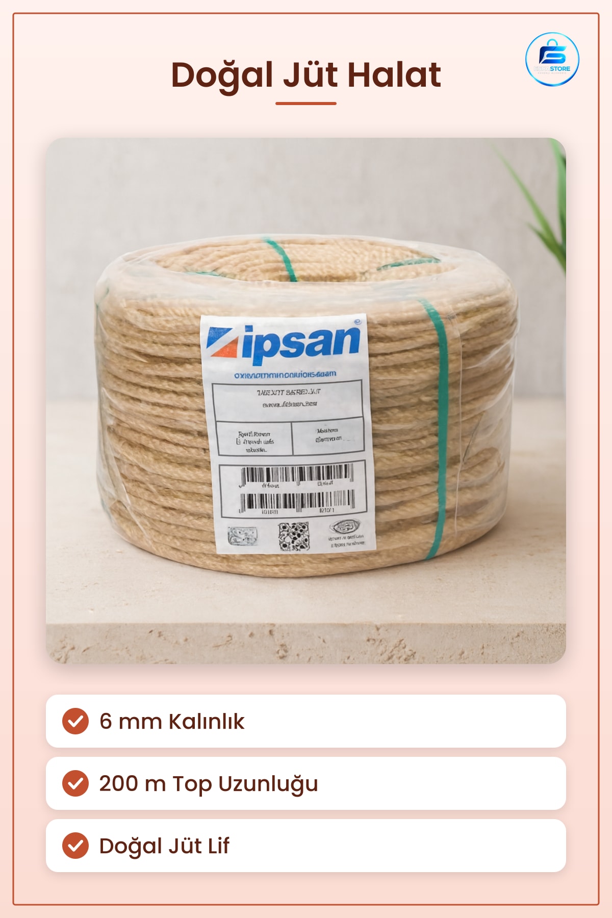 Jüt Halat 6 mm 200 m Doğal Ambalaj Halatı El İşi Makrome Dekorasyon Bahçe Bağlama Paketleme