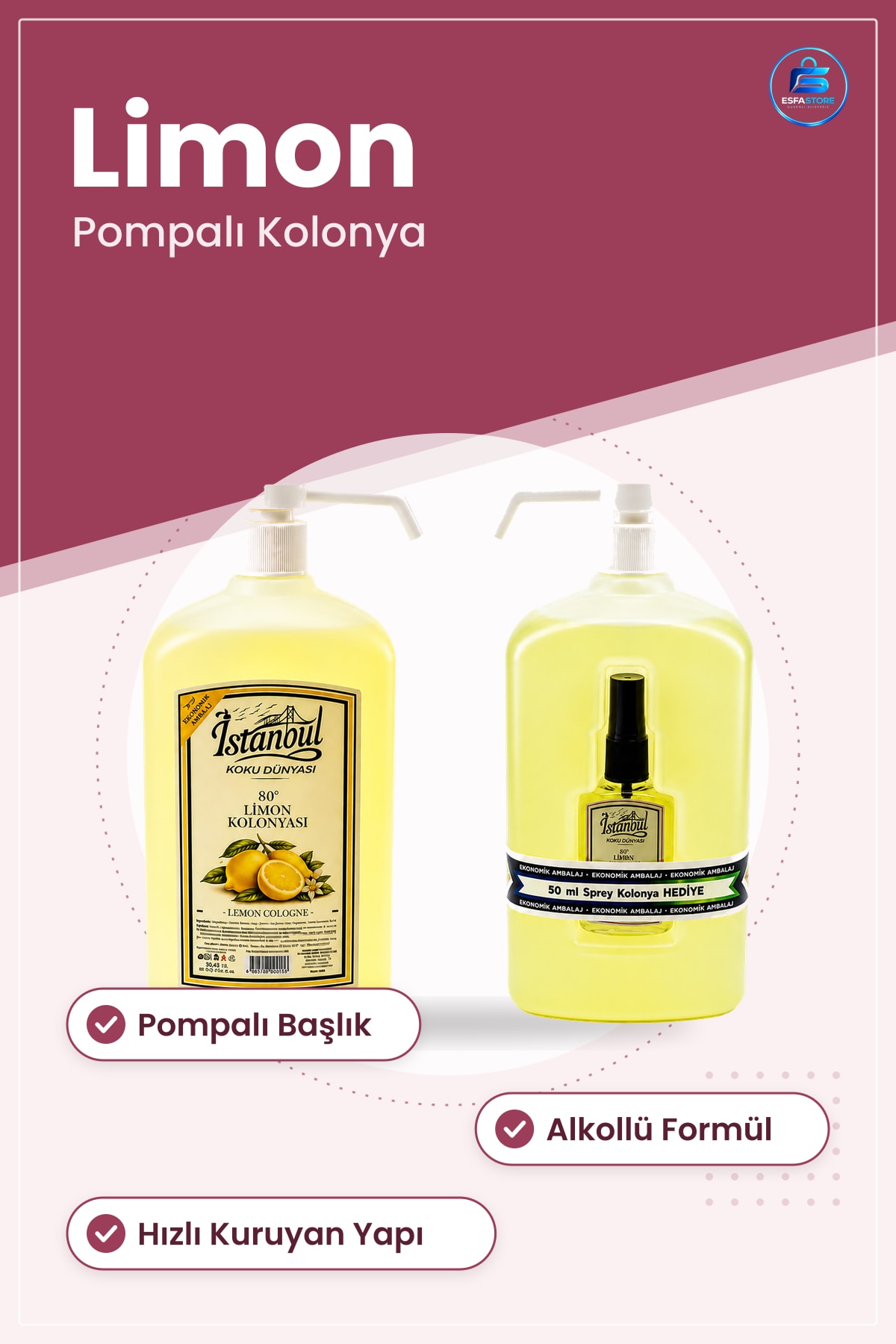 Kolonya Limon Kokulu Pompalı Alkollü Hızlı Kuruyan Ferahlatıcı El Temizliği Hijyen Kişisel Bakım