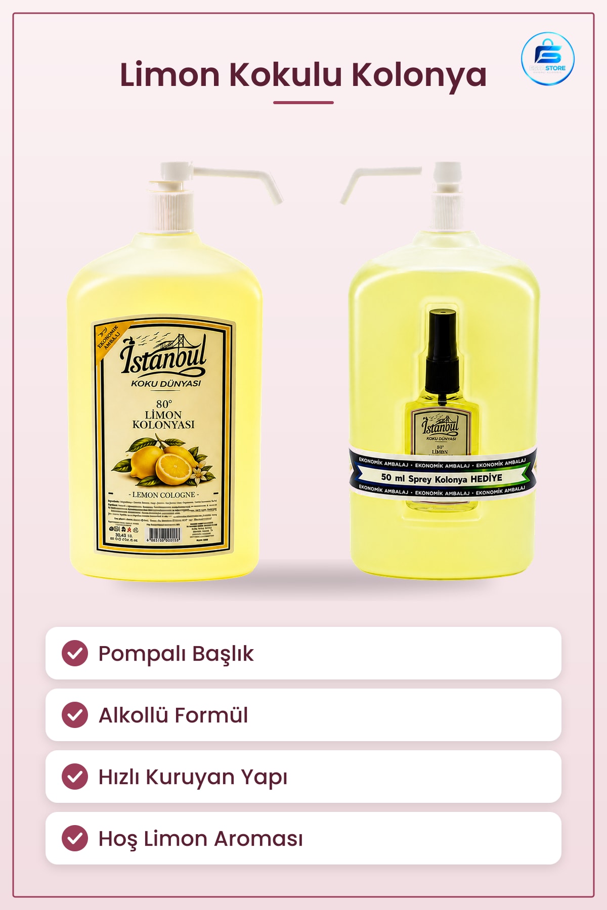 Kolonya Limon Kokulu Pompalı Alkollü Hızlı Kuruyan Ferahlatıcı El Temizliği Hijyen Kişisel Bakım