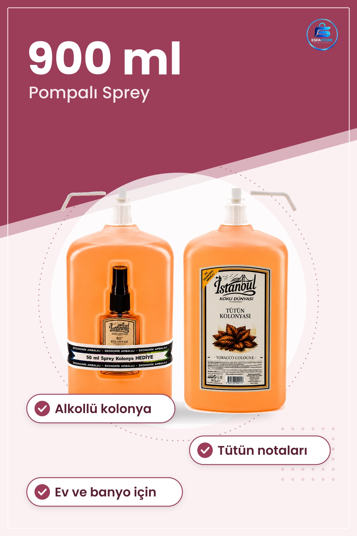 Kolonya Tütün Kokulu Pompalı Sprey 900ML Ferahlatıcı Kişisel Bakım Ev ve Banyo İçin Parfüm