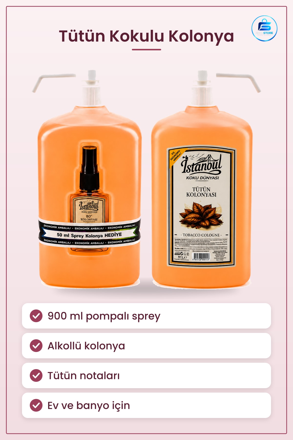 Kolonya Tütün Kokulu Pompalı Sprey 900ML Ferahlatıcı Kişisel Bakım Ev ve Banyo İçin Parfüm