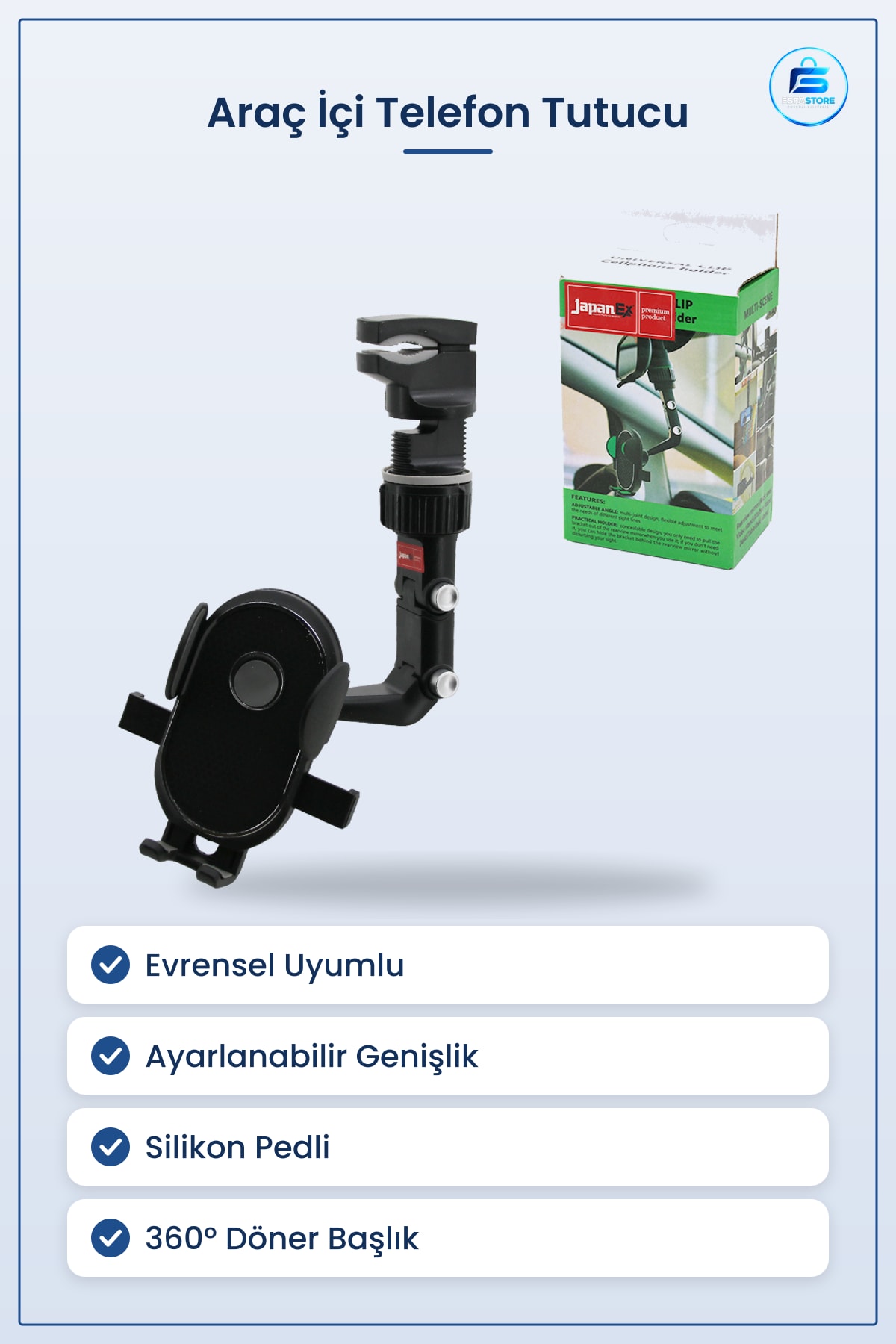 Araç İçi Telefon Tutucu ° Mandallı Genişlik Ayarlı Evrensel Silikon Pedli Kollu Kullanışlı