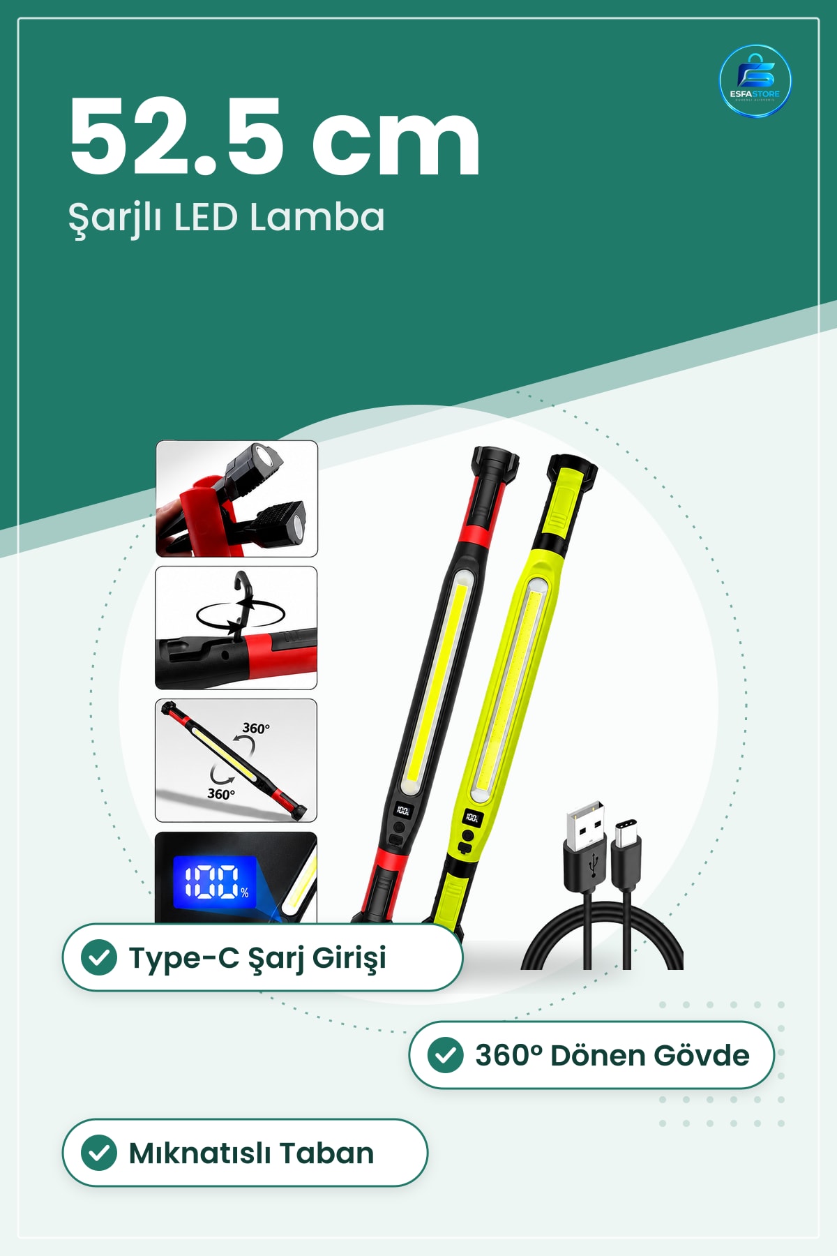 El Feneri Şarjlı Mıknatıslı LED Çalışma Lambaı 52.5 cm Type-C ° Döner Kamp Atölye