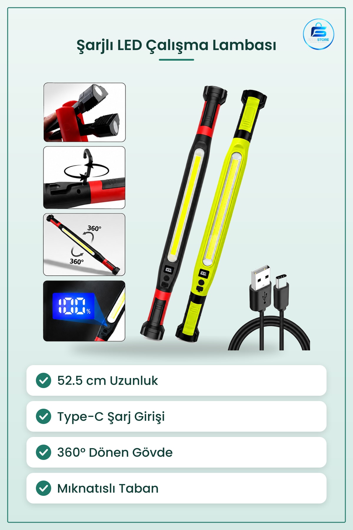 El Feneri Şarjlı Mıknatıslı LED Çalışma Lambaı 52.5 cm Type-C ° Döner Kamp Atölye