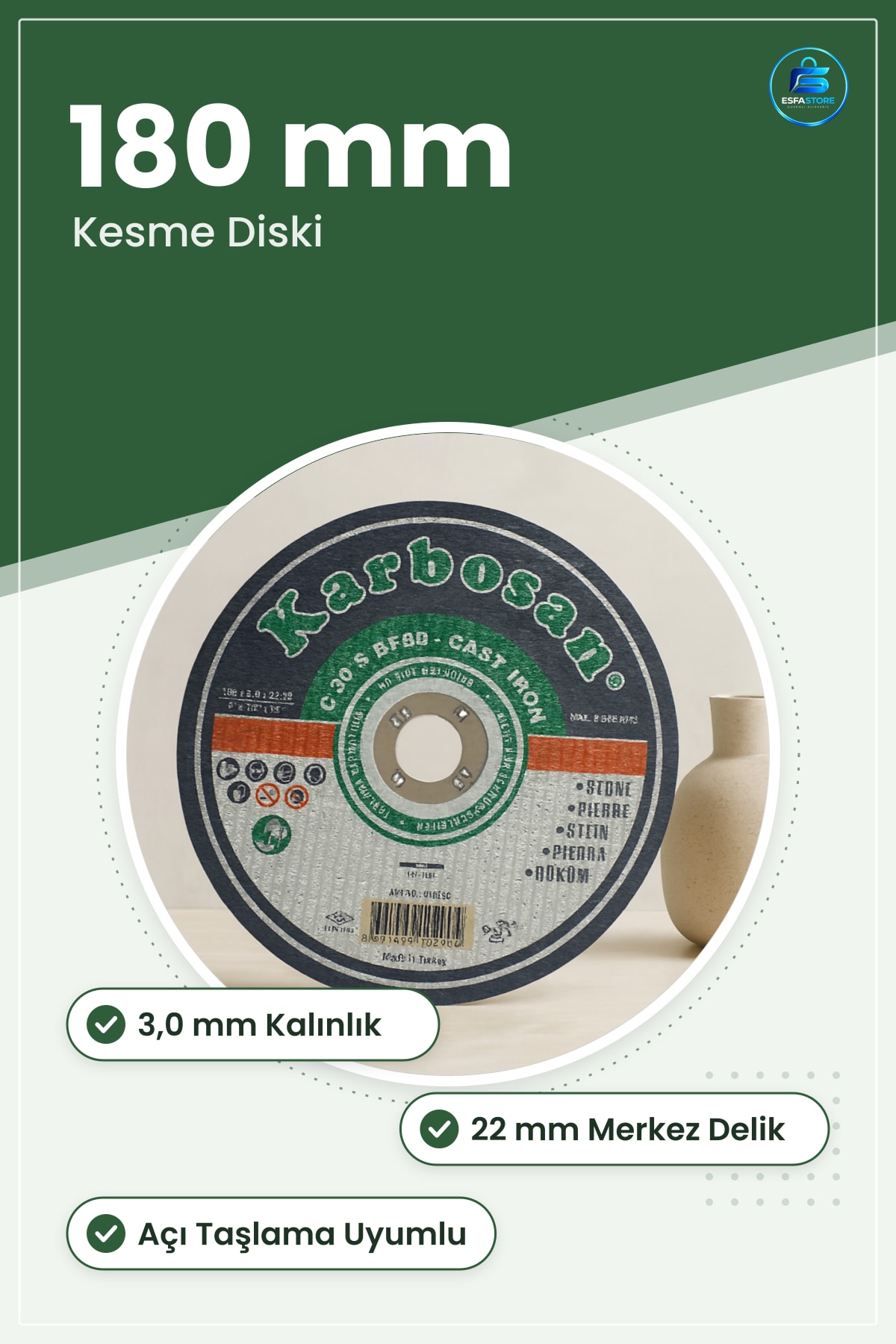 Daire Testere Bıçağı Mermer Kesme Diski 180 x 3,0 22 mm Delikli Taş Kesim Taşlama Makinesi