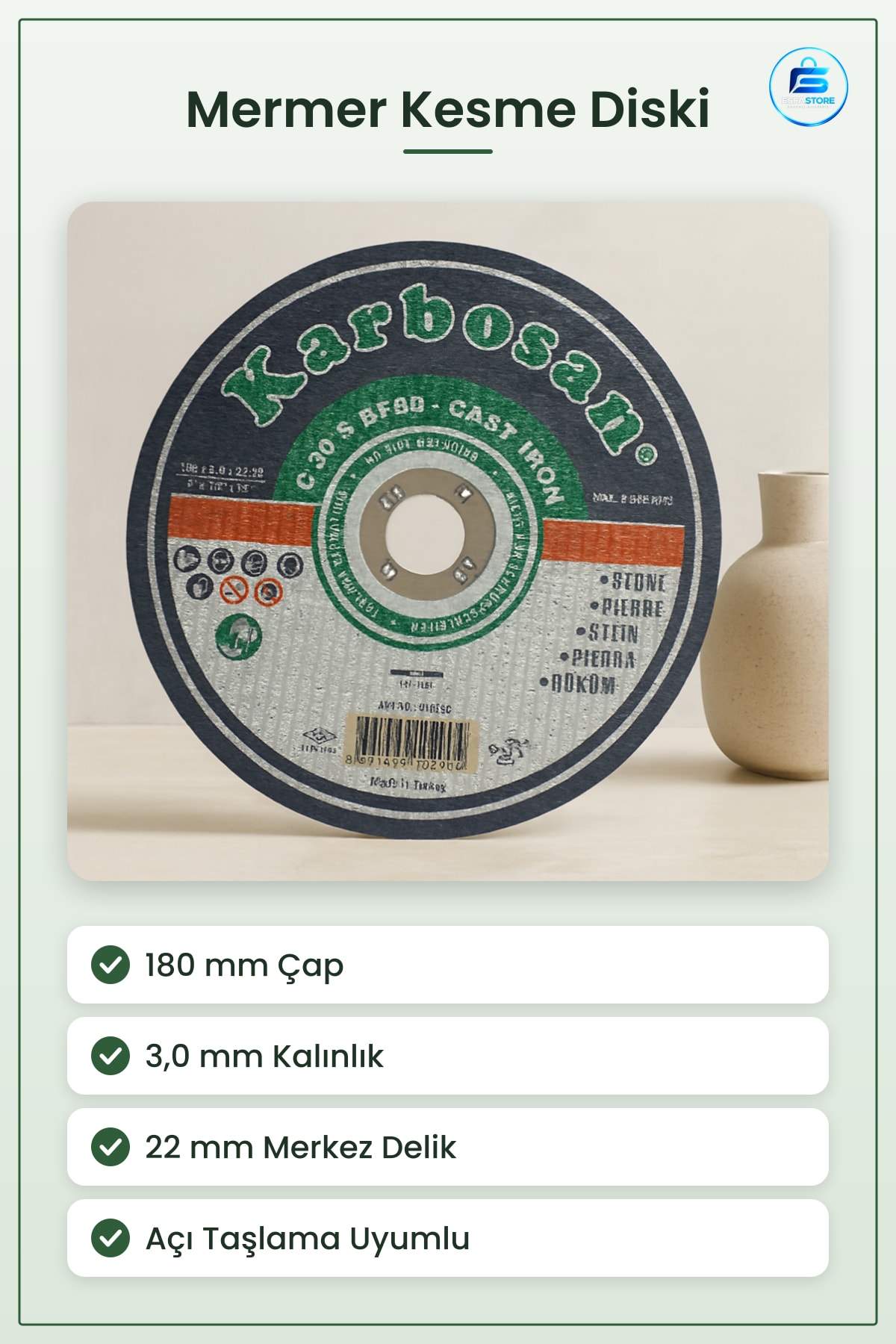 Daire Testere Bıçağı Mermer Kesme Diski 180 x 3,0 22 mm Delikli Taş Kesim Taşlama Makinesi