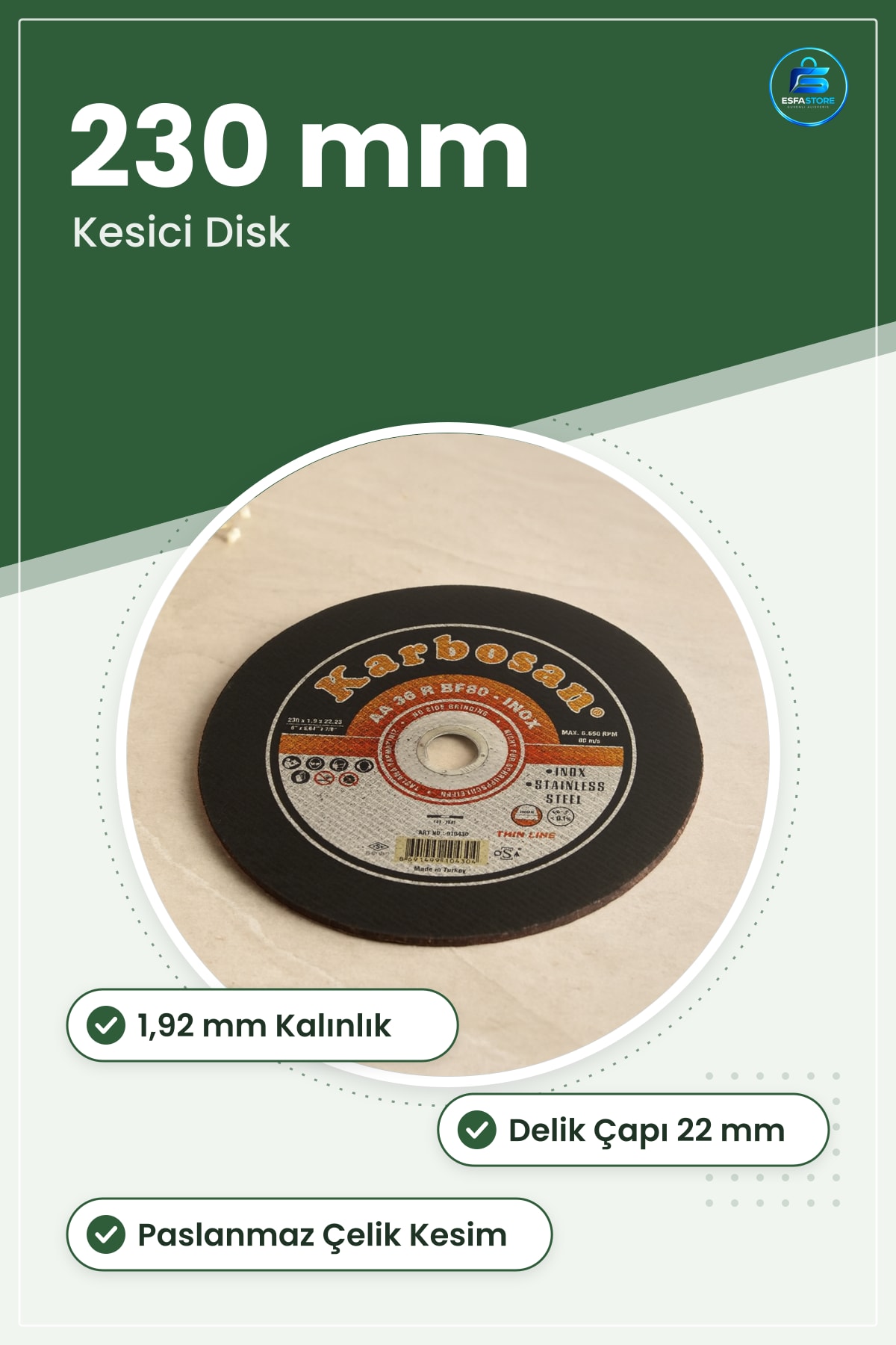Inox Metal Kesici Disk 230 mm 1,92 Kalınlık 22 Delikli Paslanmaz Çelik Kesme Diski Taşlama