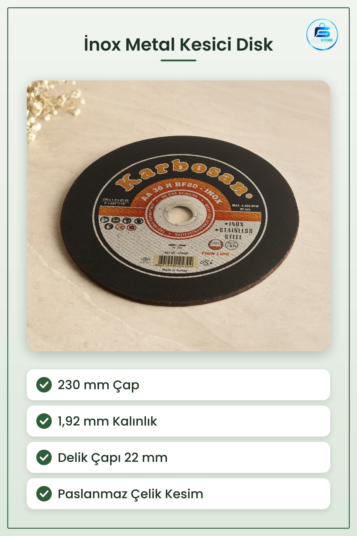 Inox Metal Kesici Disk 230 mm 1,92 Kalınlık 22 Delikli Paslanmaz Çelik Kesme Diski Taşlama