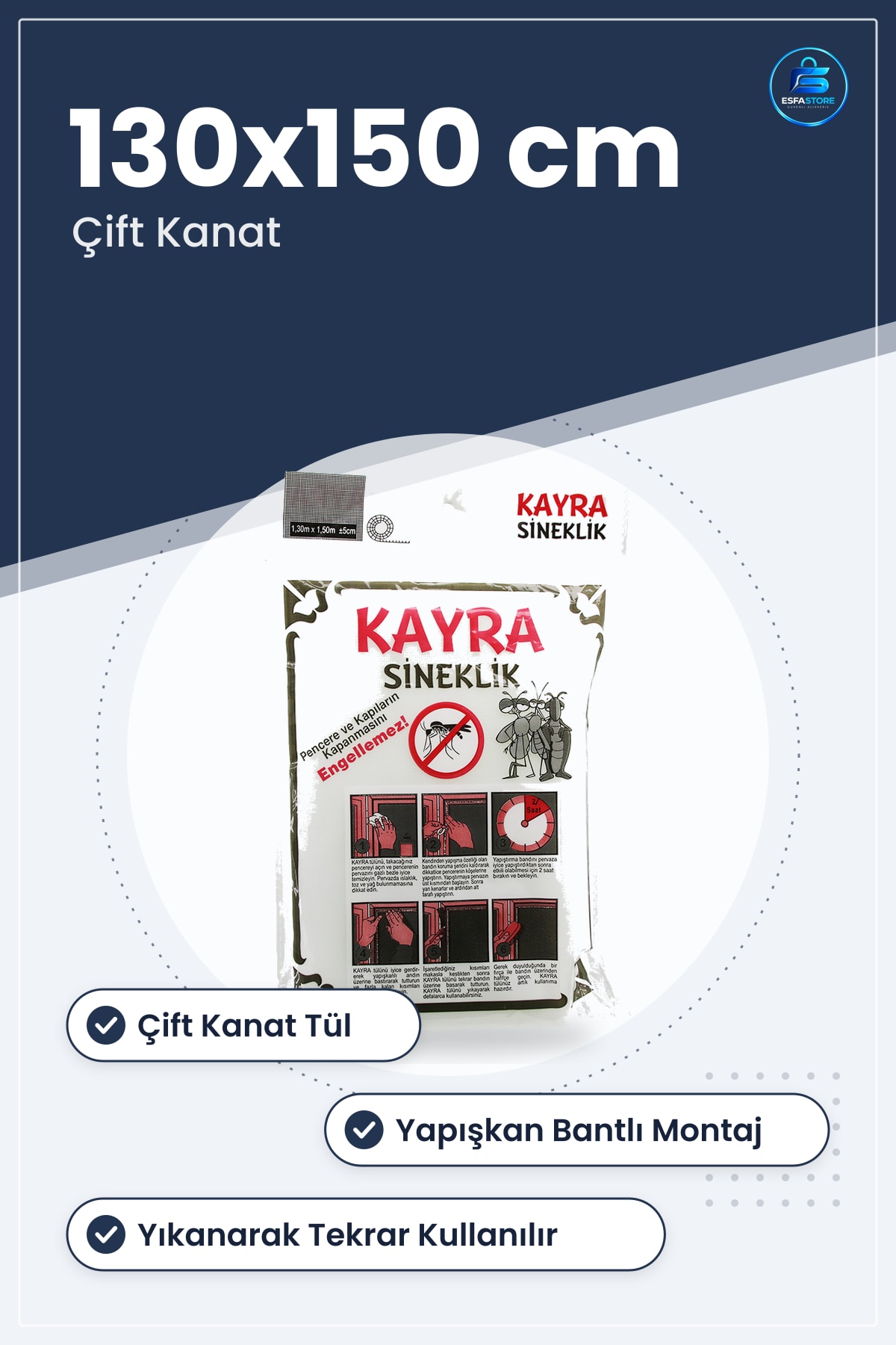 Çift Kanat Tül Pencere Sinek Perdesi 130x150 cm Yapışkan Bantlı Sineklik Kolay Montaj Balkon