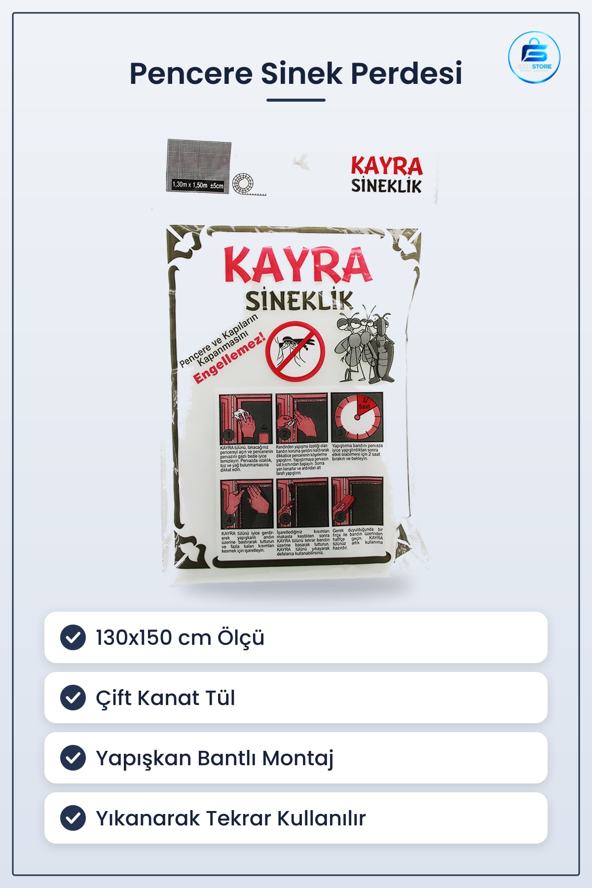 Çift Kanat Tül Pencere Sinek Perdesi 130x150 cm Yapışkan Bantlı Sineklik Kolay Montaj Balkon
