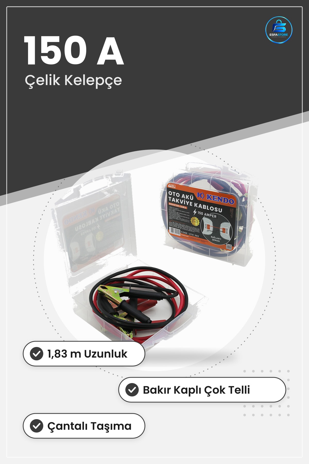 Akü Takviye Kablosu 150A 1,83 m Çantalı Bakır Kaplı Çok Telli Çelik Kelepce Oto Yol Yardım