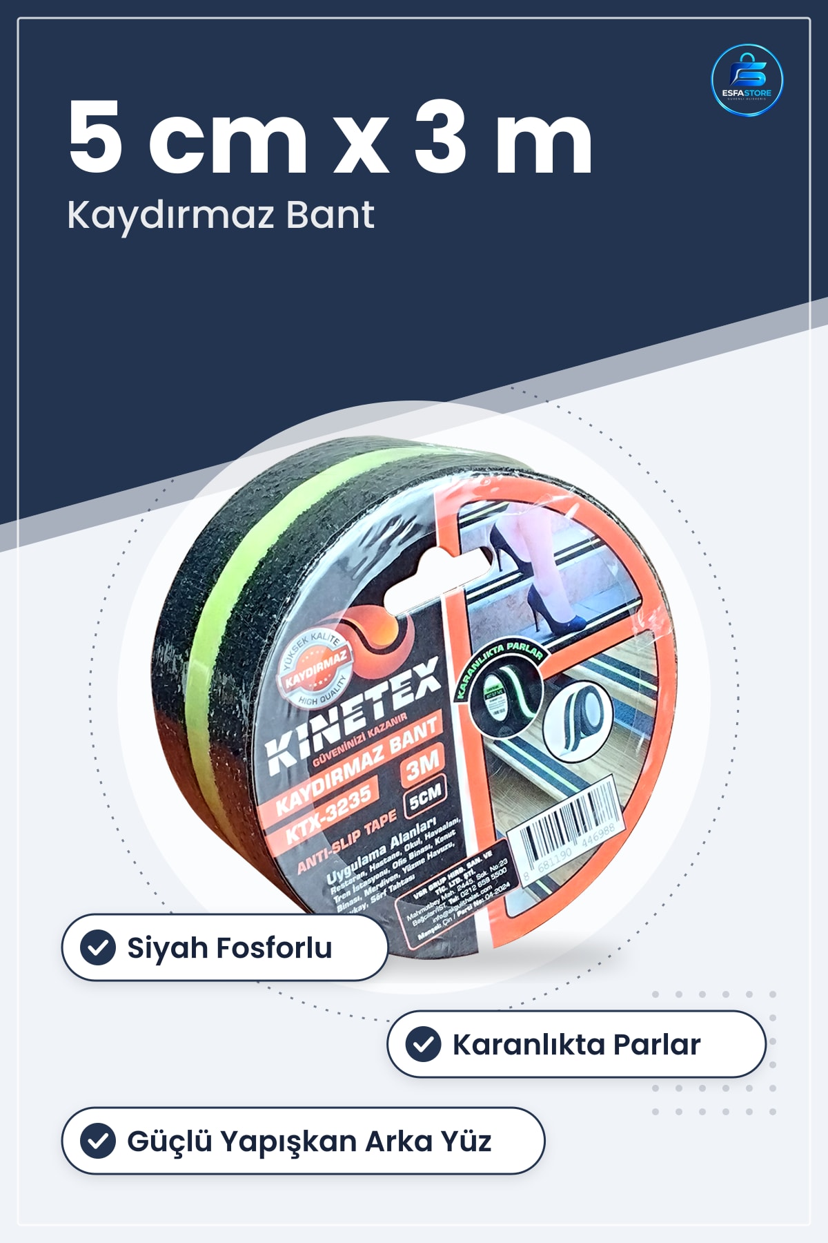 Kaydırmaz Bant Siyah Fosforlu Karanlıkta Parlayan 5 cm x 3 m Merdiven Basamak Rampa Zemin Bandı
