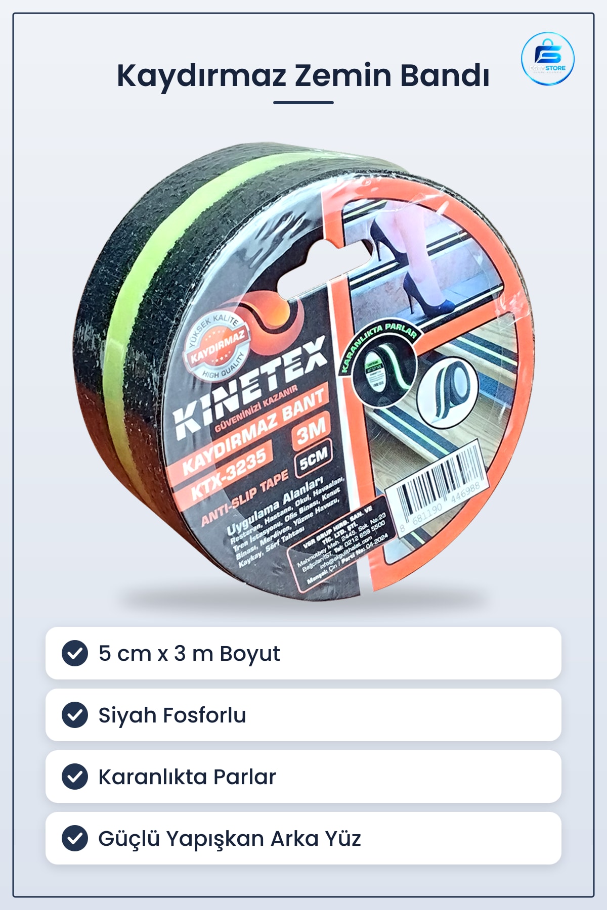 Kaydırmaz Bant Siyah Fosforlu Karanlıkta Parlayan 5 cm x 3 m Merdiven Basamak Rampa Zemin Bandı