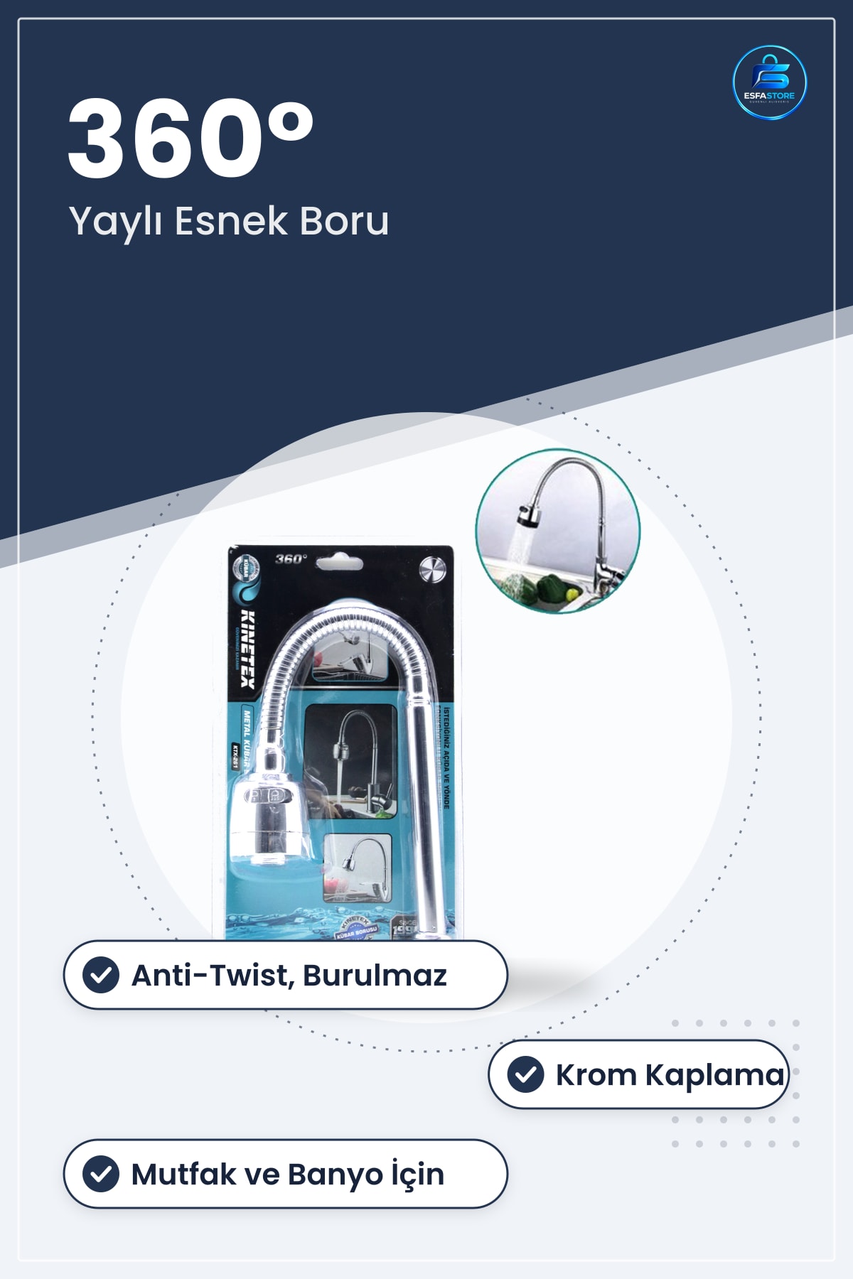 Musluk Başlığı Metal Esnek Batarya Borusu ° Yaylı Anti Twist Krom Mutfak Banyo Bağlantı