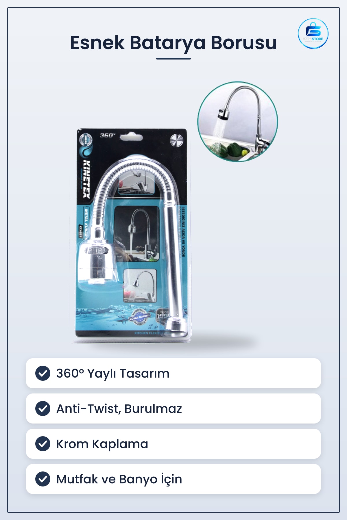 Musluk Başlığı Metal Esnek Batarya Borusu ° Yaylı Anti Twist Krom Mutfak Banyo Bağlantı