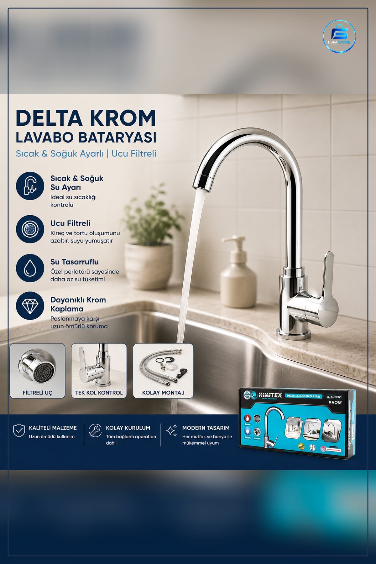 Krom Aç Kapa Lavabo Bataryası KTX- Pinç Gövde Banyo Musluu Dayanıklı Hızlı Montağı