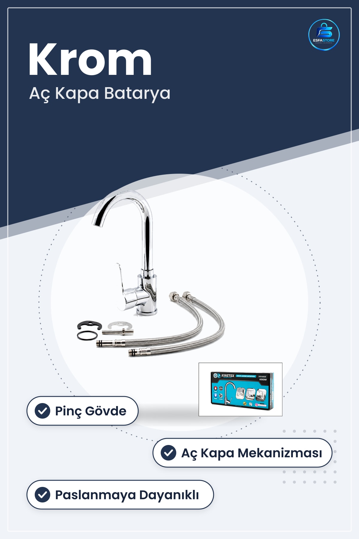 Krom Aç Kapa Lavabo Bataryası KTX- Pinç Gövde Banyo Musluu Dayanıklı Hızlı Montağı
