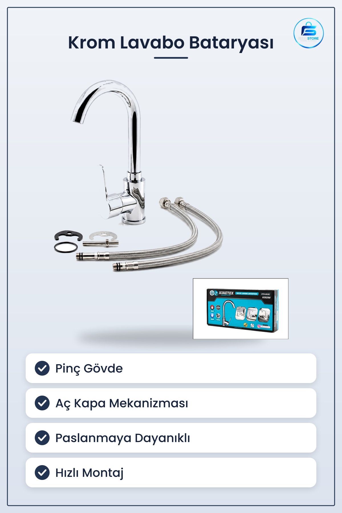 Krom Aç Kapa Lavabo Bataryası KTX- Pinç Gövde Banyo Musluu Dayanıklı Hızlı Montağı