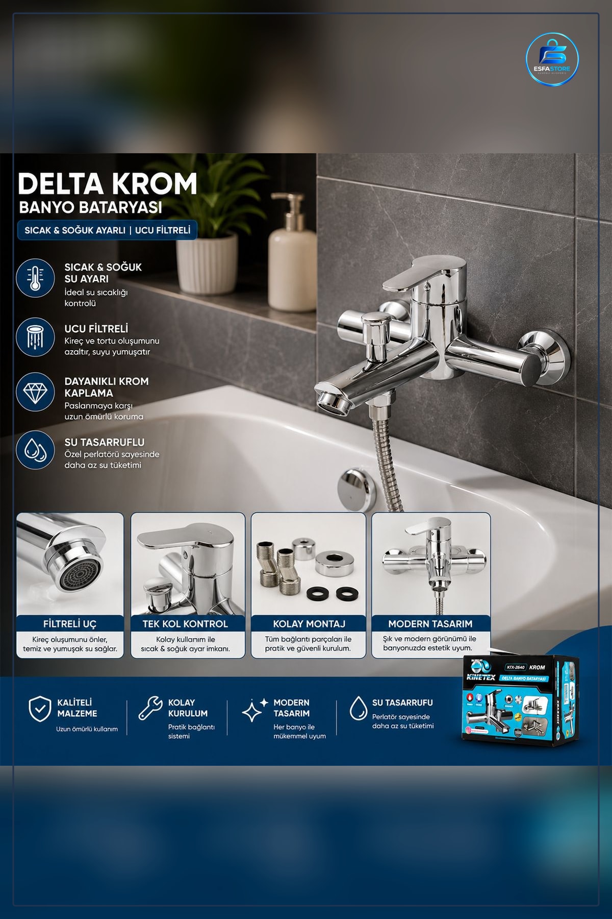 Krom Küvet ve Duş Banyo Bataryası Tek Kollu Duvar Tipi Pinç Gövde KTX- Taşıma Bağlantı Hortum