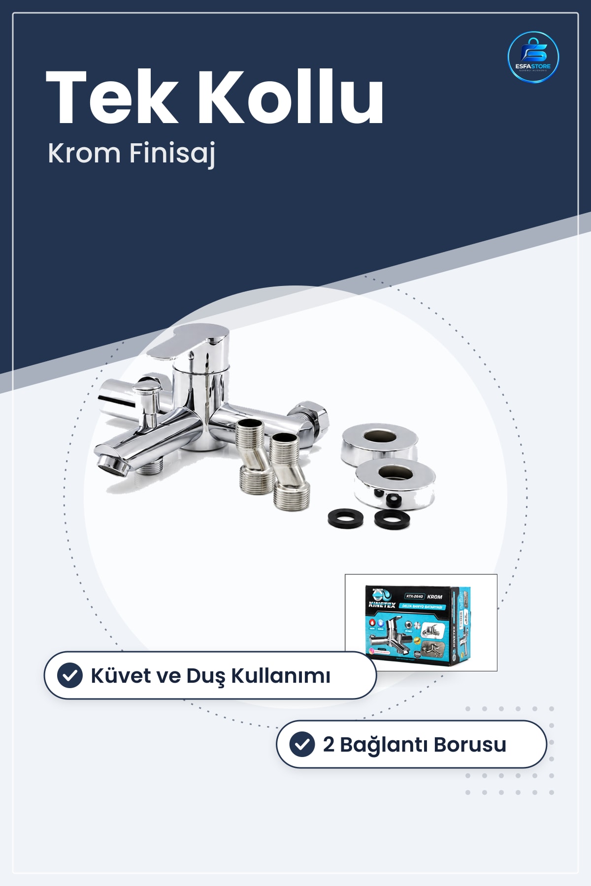 Krom Küvet ve Duş Banyo Bataryası Tek Kollu Duvar Tipi Pinç Gövde KTX- Taşıma Bağlantı Hortum