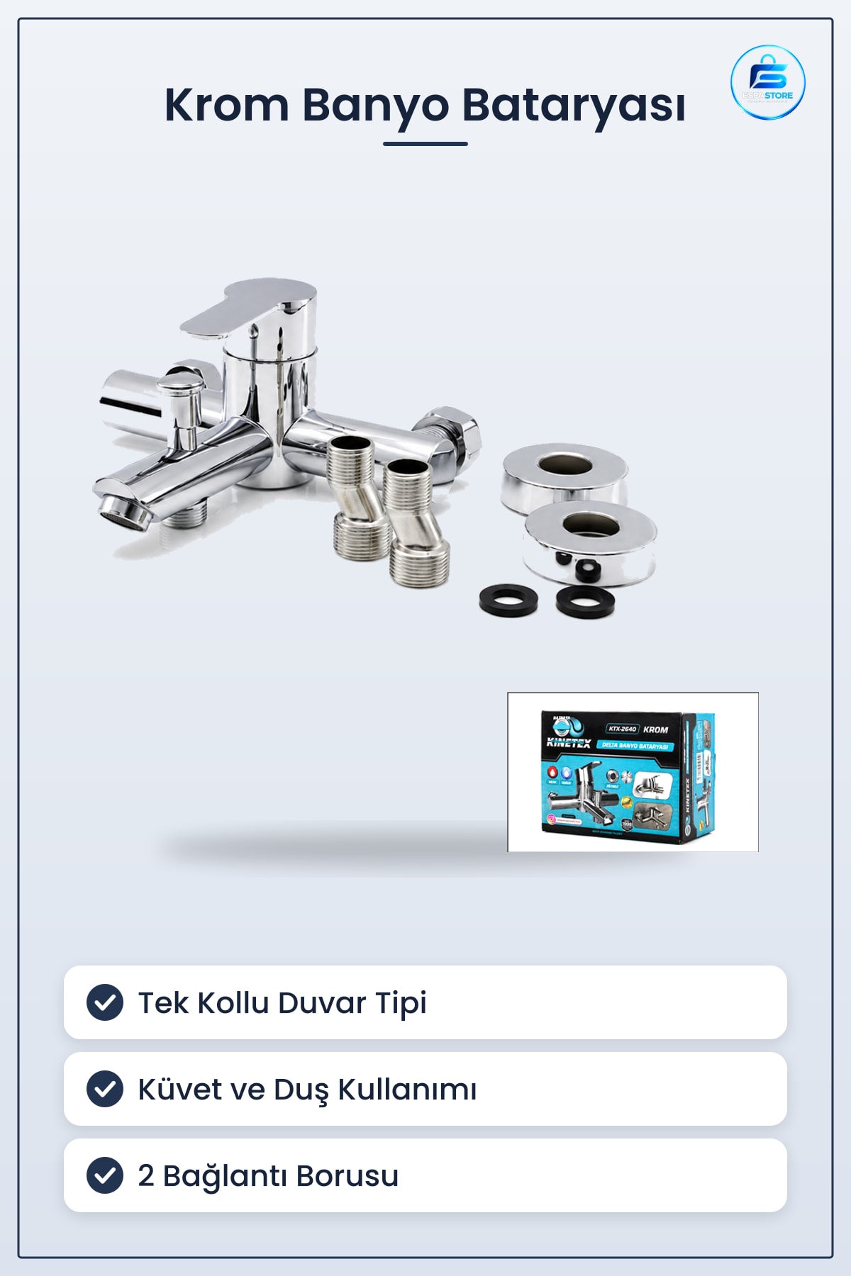 Krom Küvet ve Duş Banyo Bataryası Tek Kollu Duvar Tipi Pinç Gövde KTX- Taşıma Bağlantı Hortum