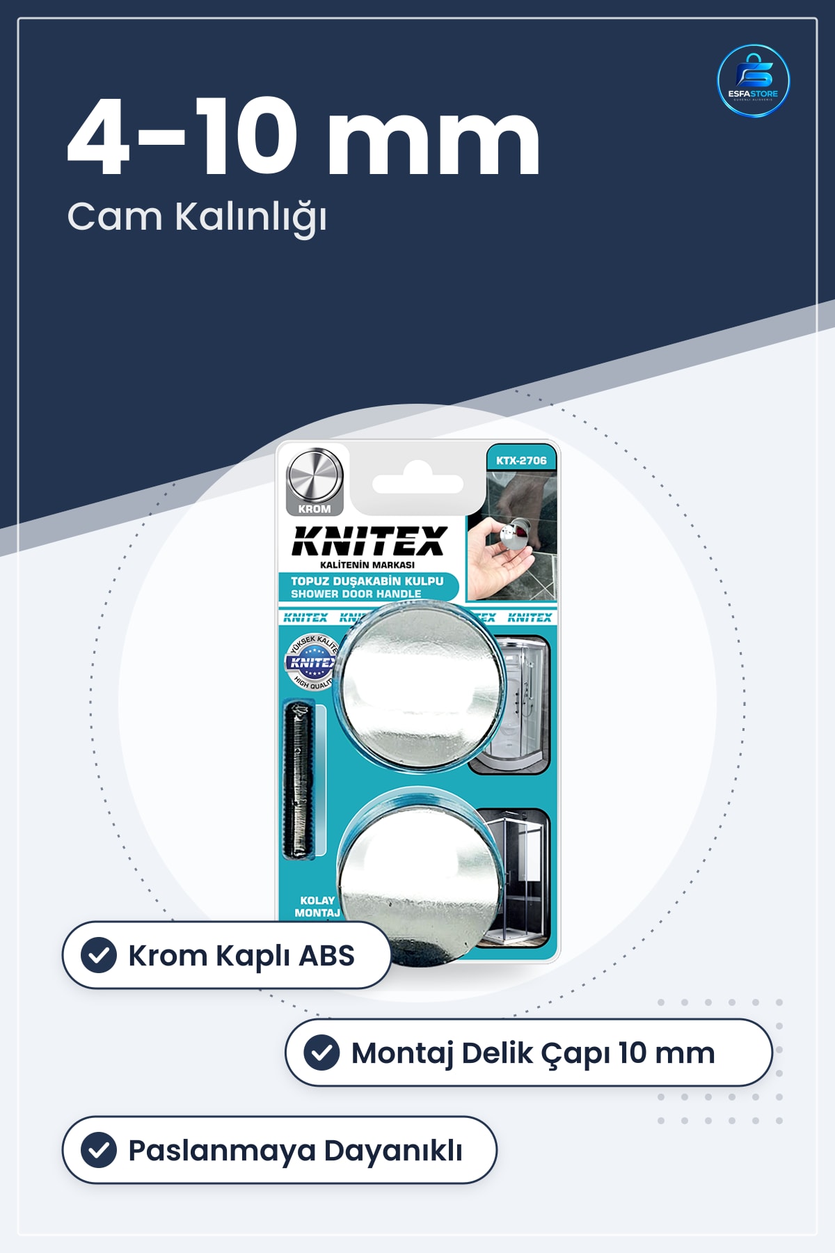 Topuz Duşakabin Kulbu Krom Kaplı ABS Cam Uyumlu 4 ila 10 mm Kalınlık Banyo Aksesuarı