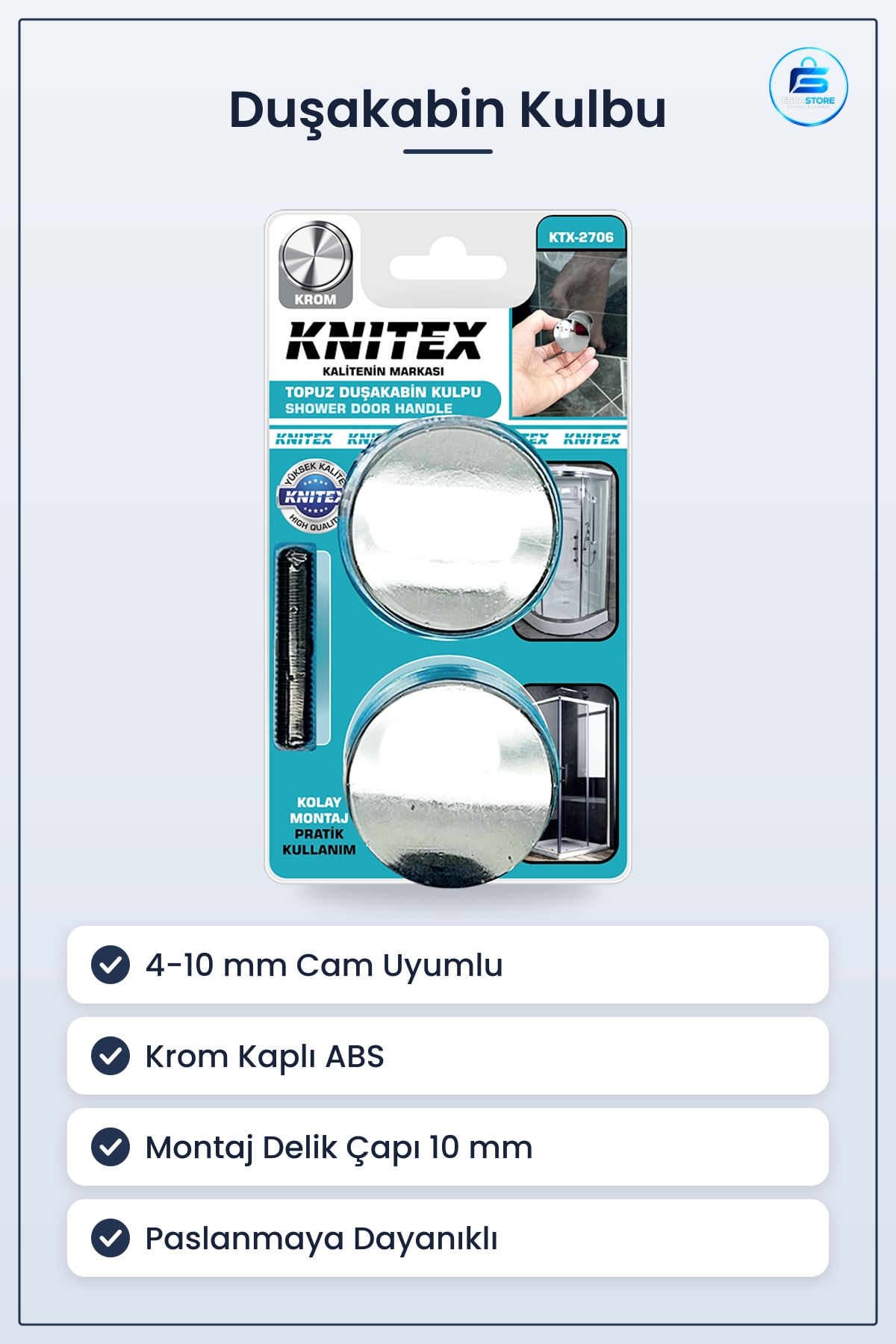 Topuz Duşakabin Kulbu Krom Kaplı ABS Cam Uyumlu 4 ila 10 mm Kalınlık Banyo Aksesuarı