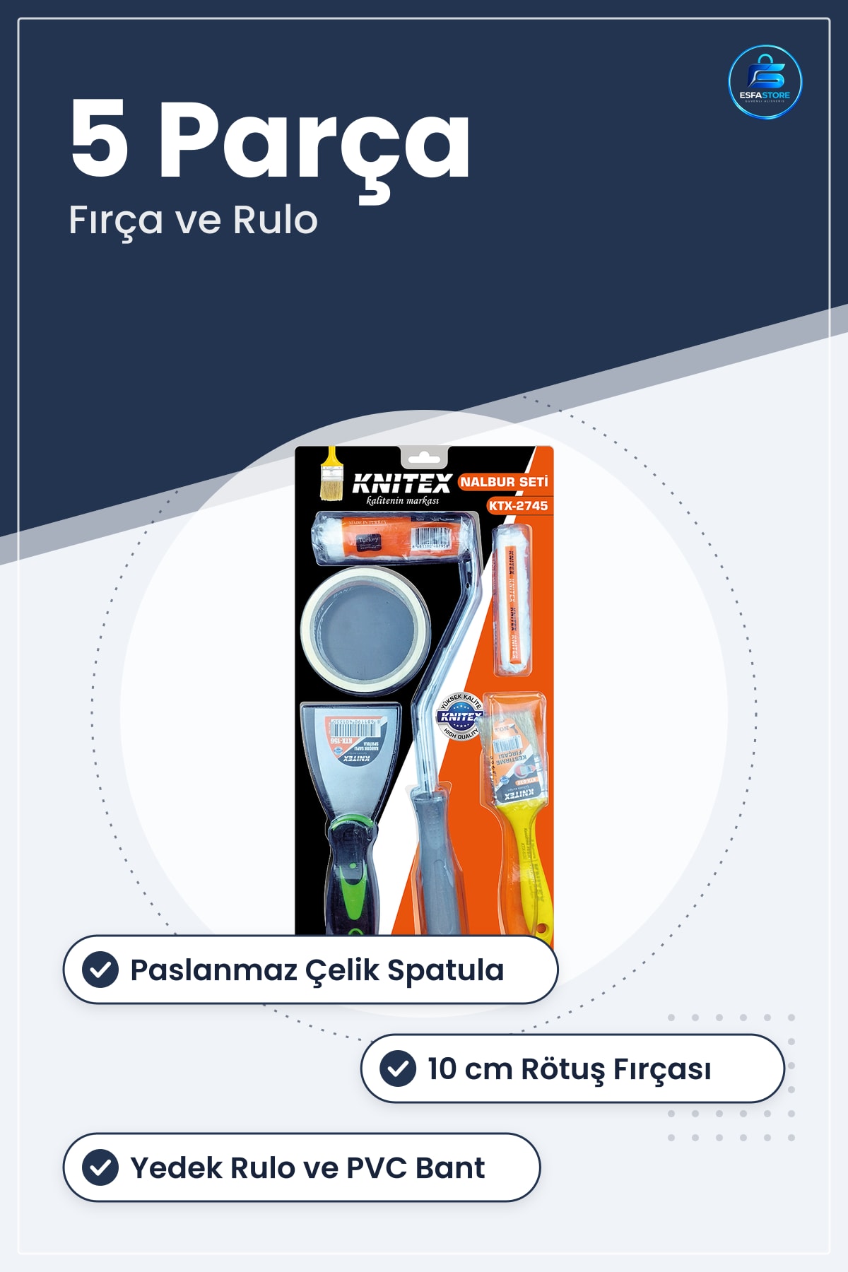 Boyacı Seti 5 Parça Fırça ve Rulo Paslanmaz Çelik Spatula PVC Bant Duvar Tavan Boyama
