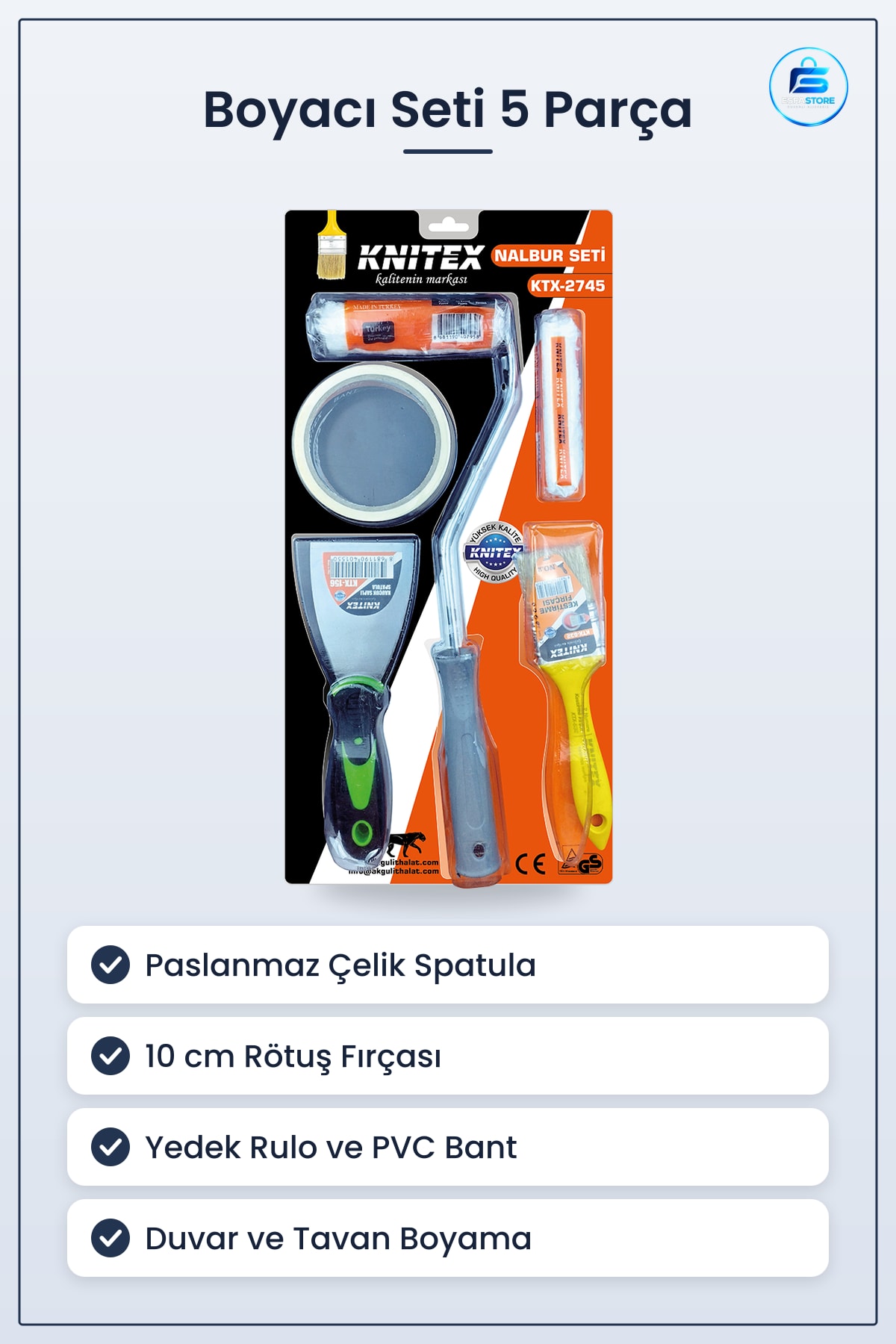 Boyacı Seti 5 Parça Fırça ve Rulo Paslanmaz Çelik Spatula PVC Bant Duvar Tavan Boyama
