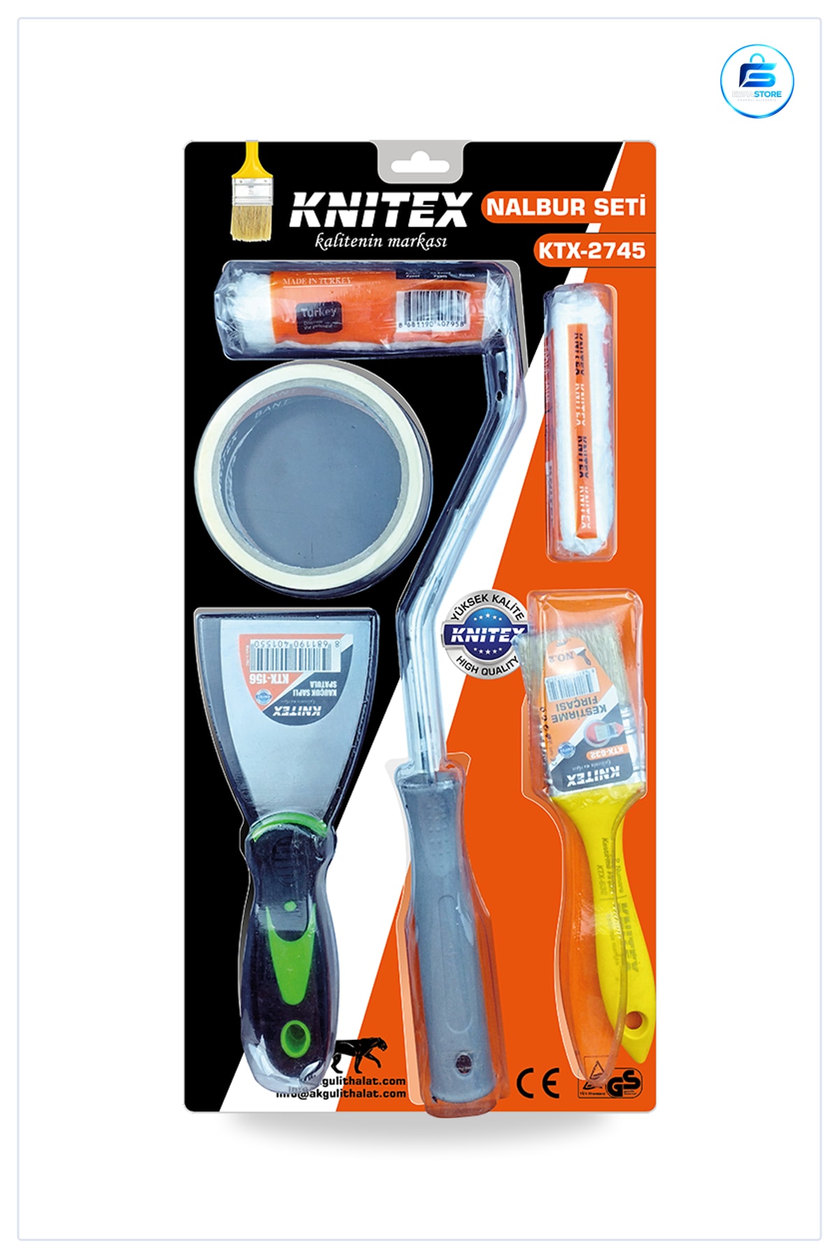 Boyacı Seti 5 Parça Fırça ve Rulo Paslanmaz Çelik Spatula PVC Bant Duvar Tavan Boyama