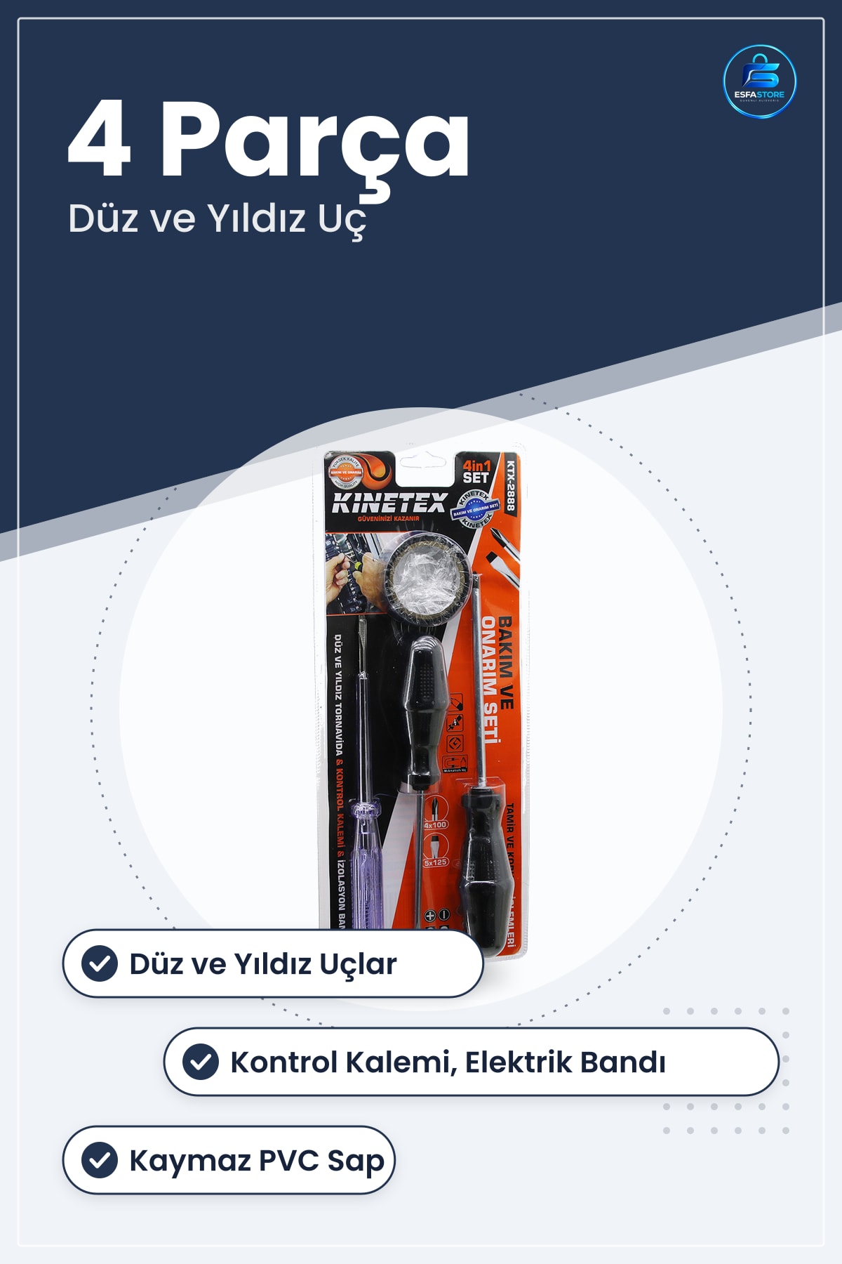 Tornavida Seti 4 Parça Düz Yıldız Kontrol Kalemi Elektrik Bandı Krom Vanadyum Uç Kaymaz Saplı Tamir