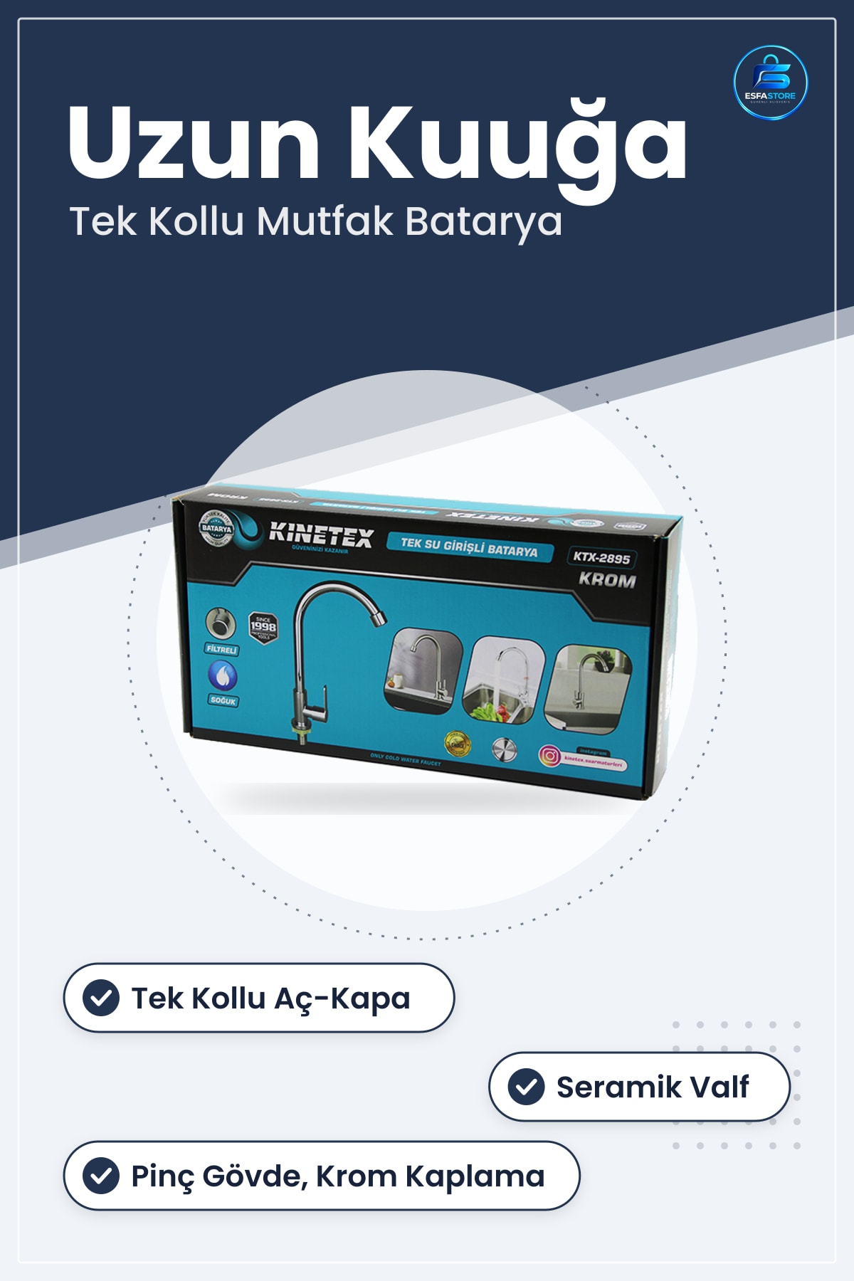 Eviye Bataryası Krom Uzun Kuğu Tek Su Girişli Mutfak Pirinç Gövde Seramik Valfli Aç Kapa